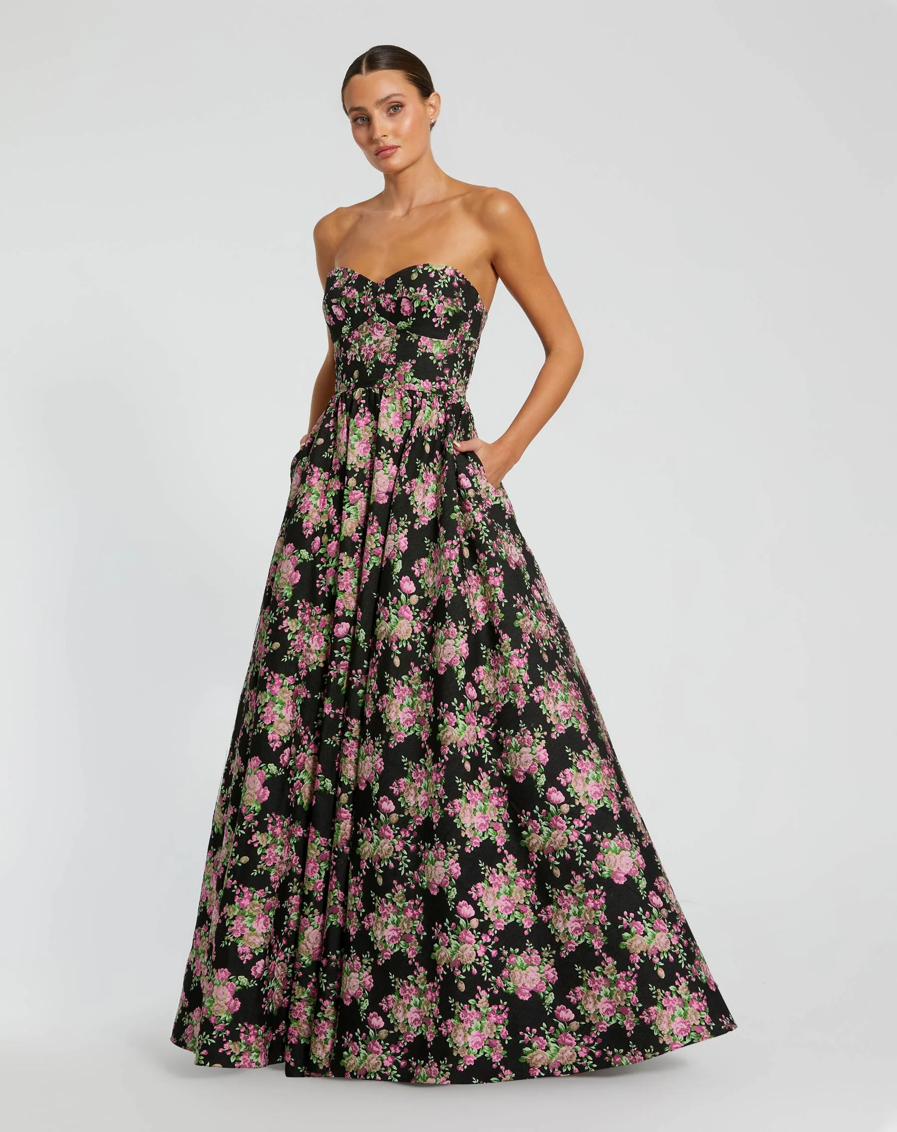Black Strapless Sweetheart Brocade Floral A Line Gown