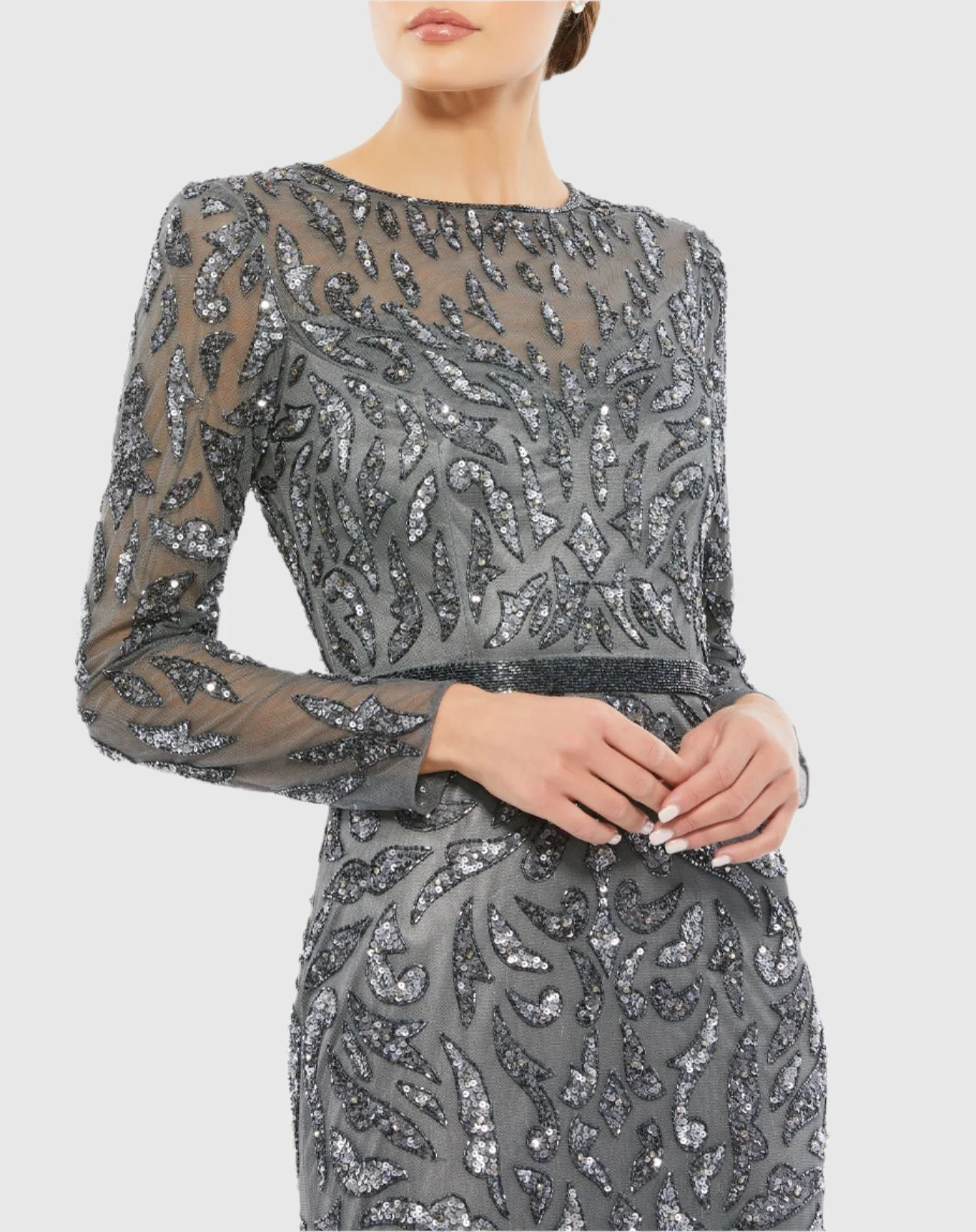 Dark Gray Beaded Long Sleeve Evening Gown