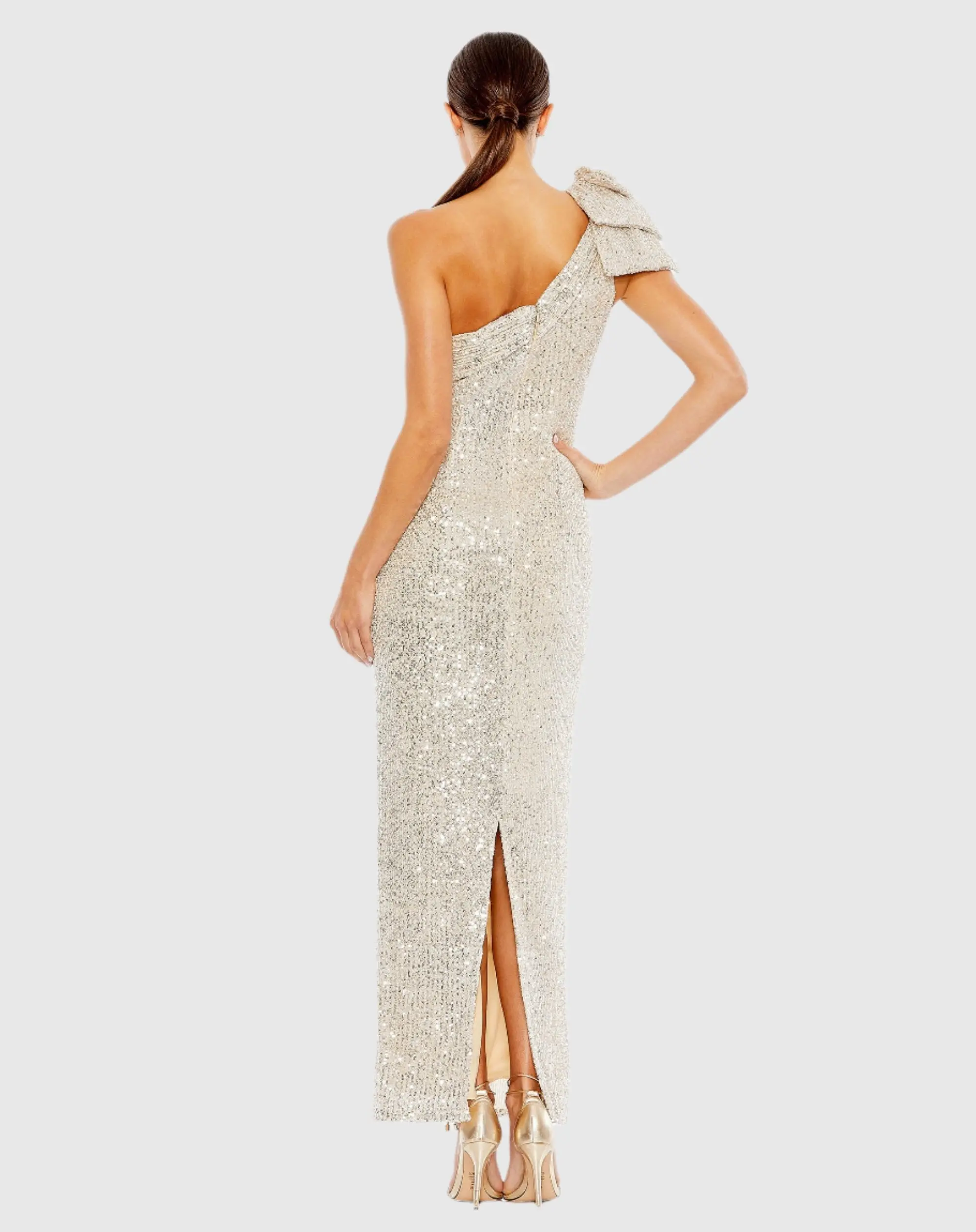 Beige Sequined Bow One Shoulder Column Gown