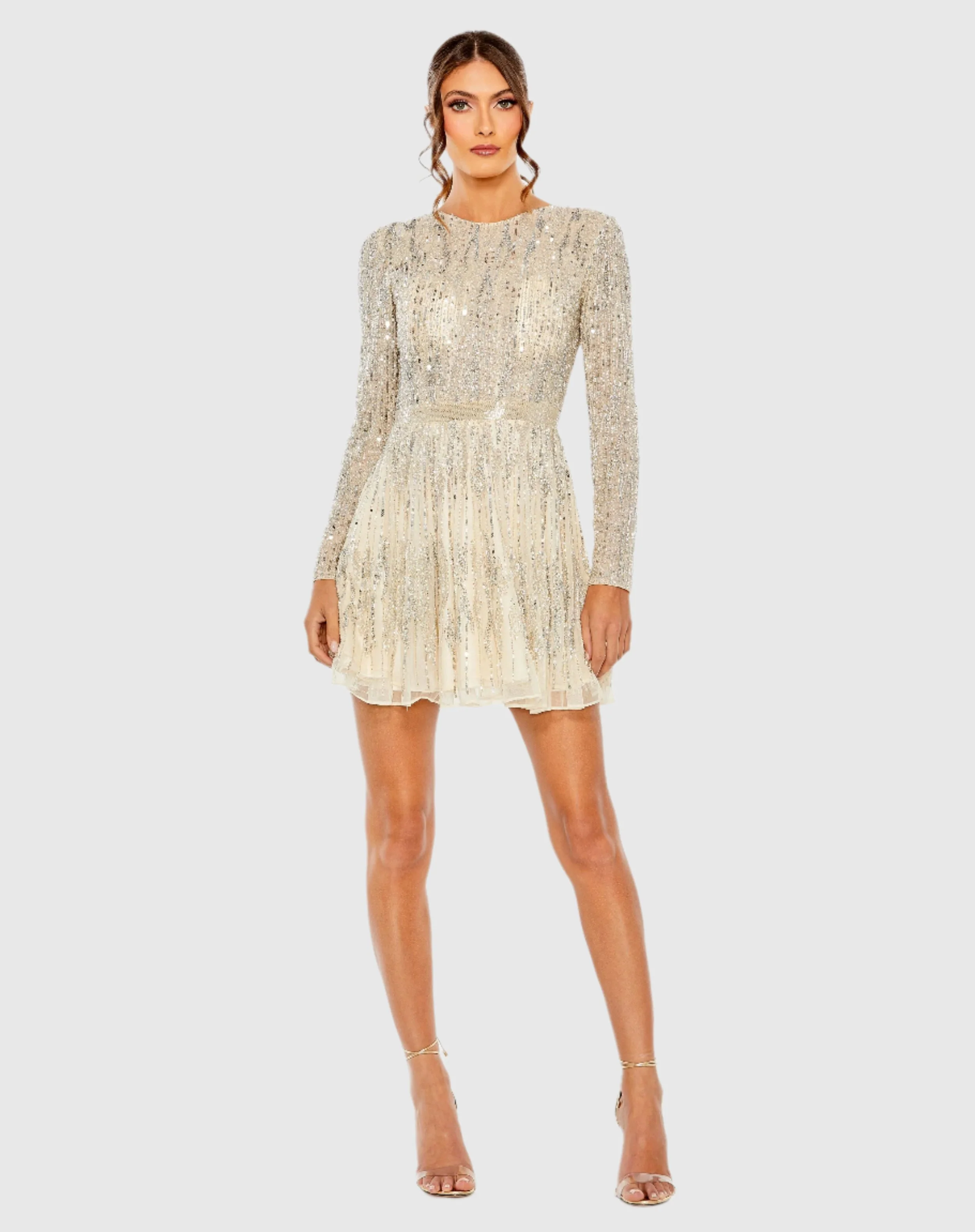 Beige High Neck Long Sleeve A Line Mini Dress