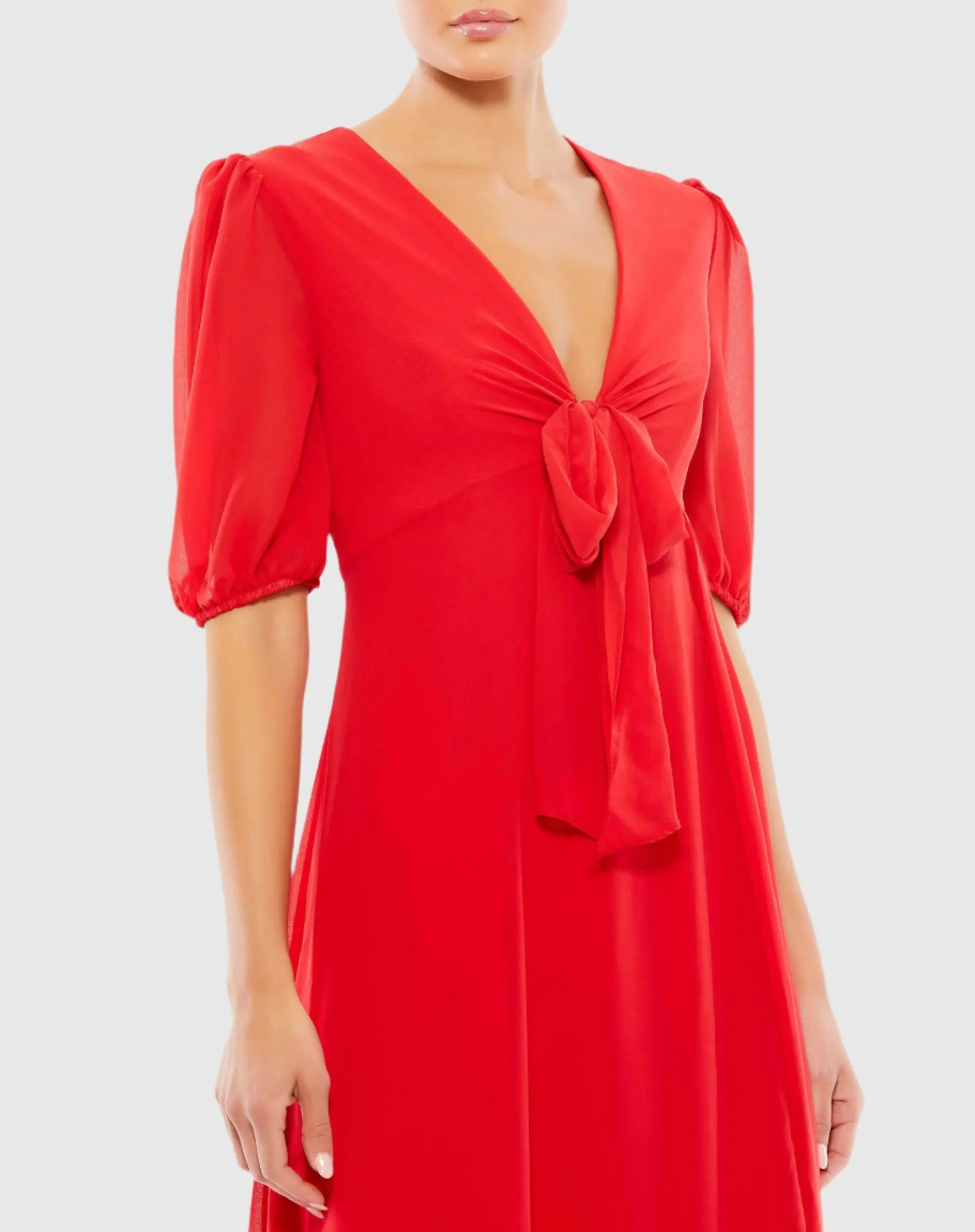 Red V Neck Bow Detail Flowy Midi Dress