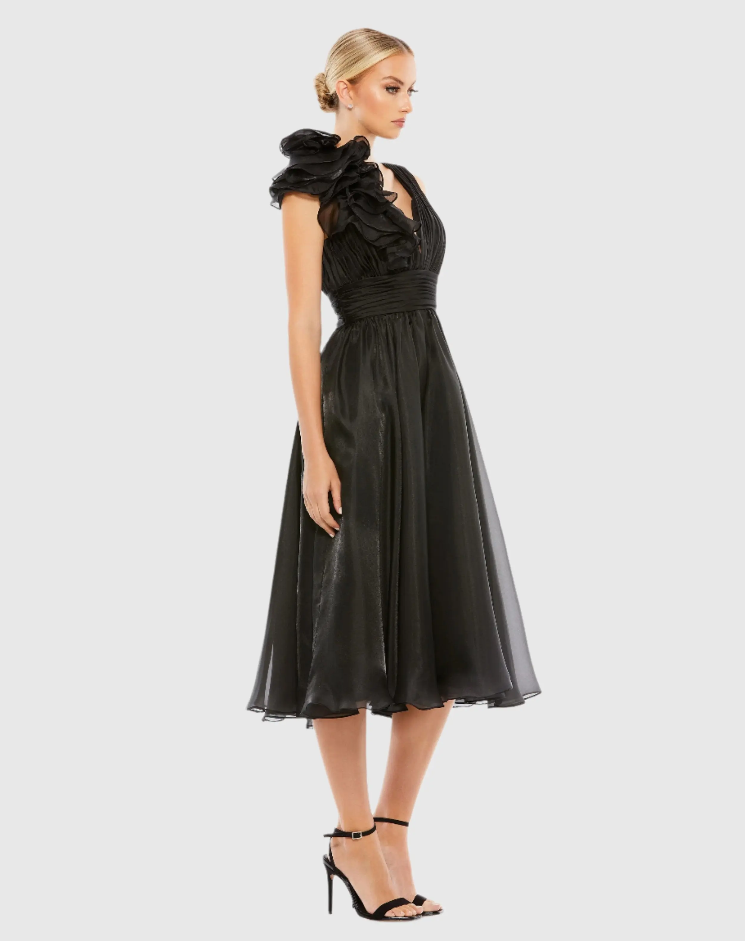 Black Plunging V Neck Ruffled A-Line Cocktail Dress
