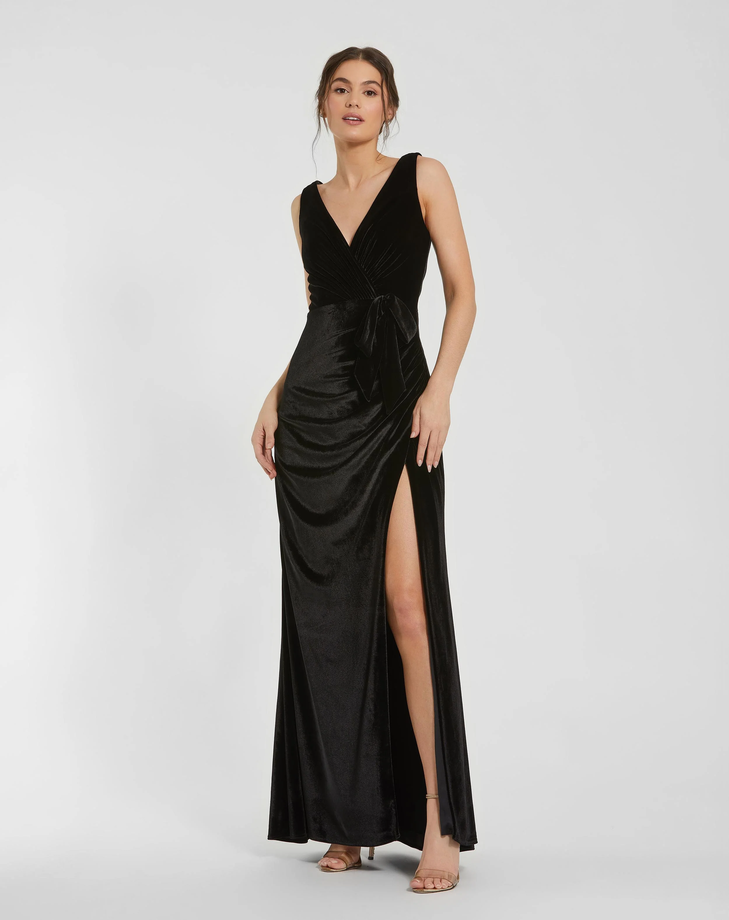 Black Deep V High Slit Draped Velvet Fitted Gown
