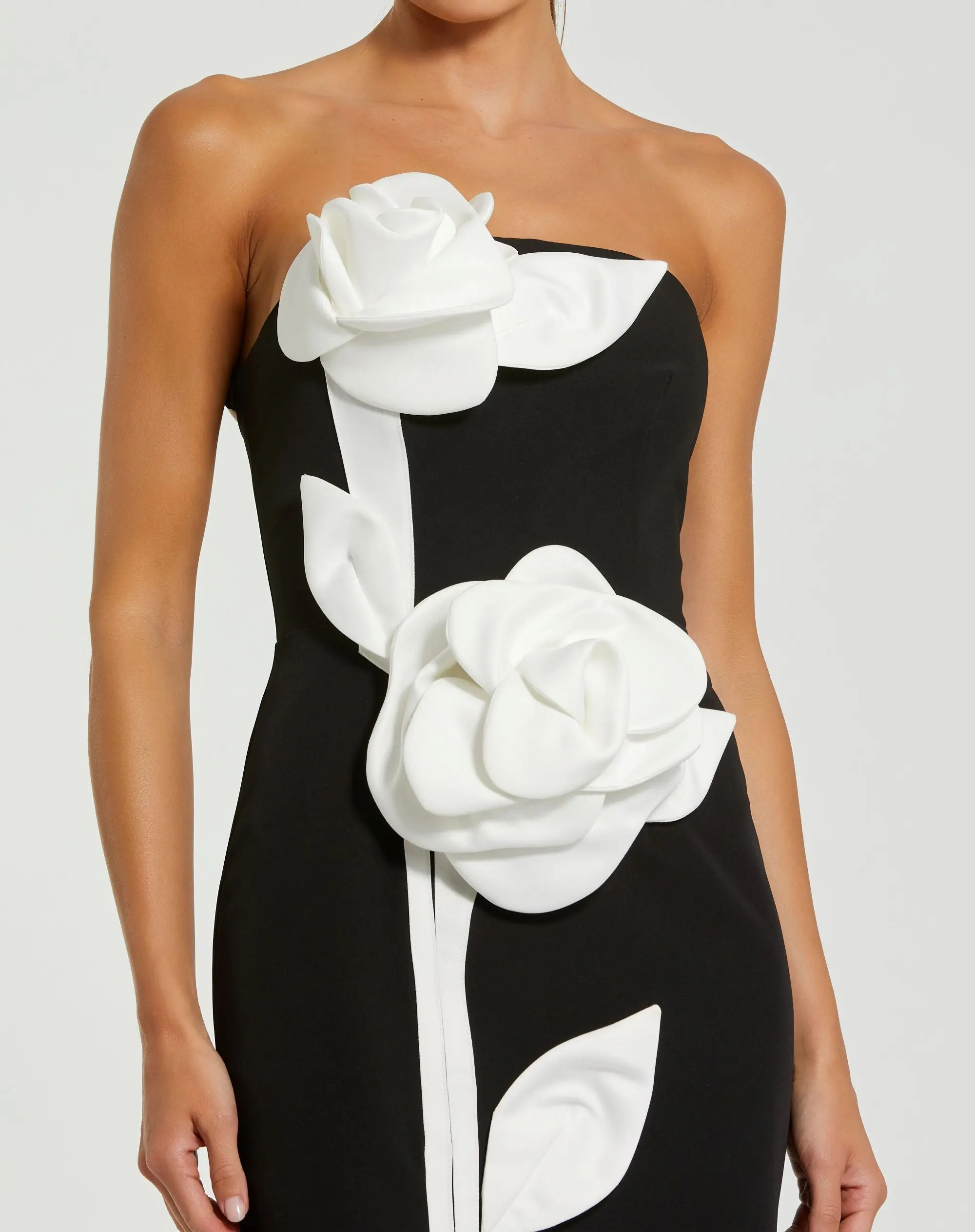 Black Strapless Crepe Dress With 3D Satin Flowers