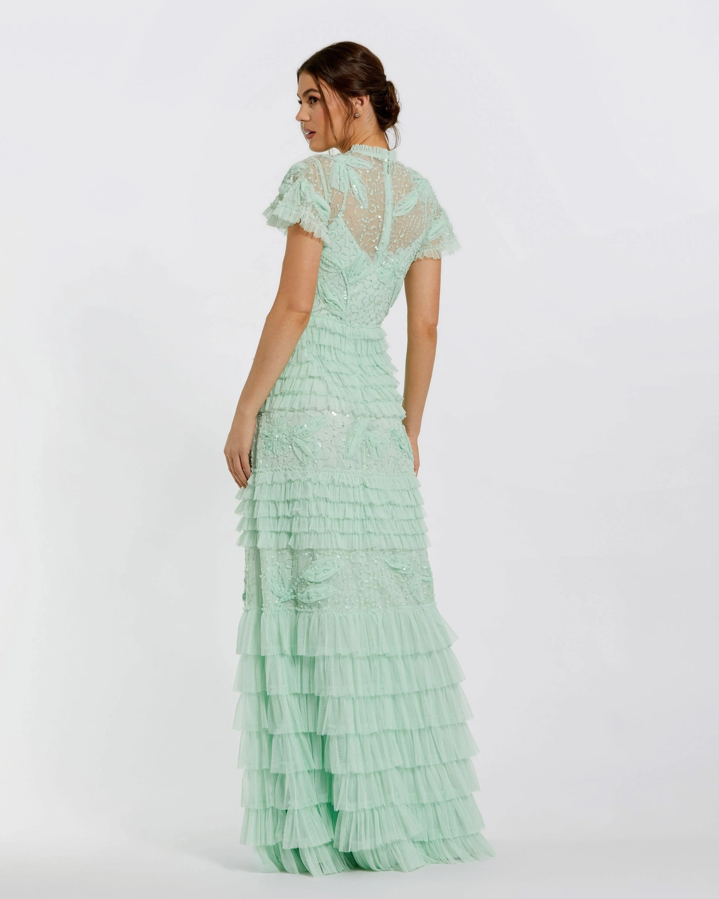 Green Beaded Mesh High Neck Micro Ruffle Gown