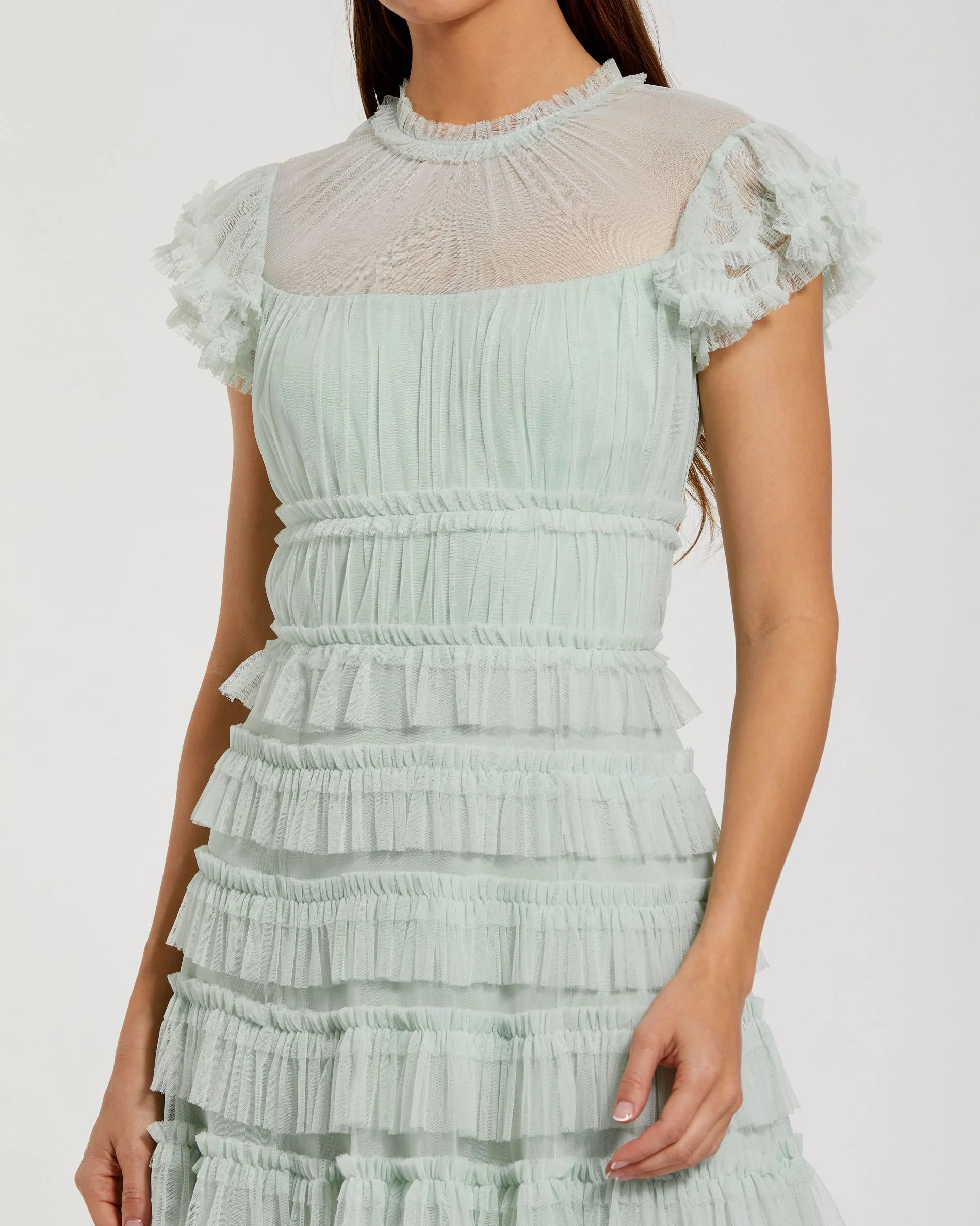 Green Mesh Micro Ruffle High Neck Midi Dress