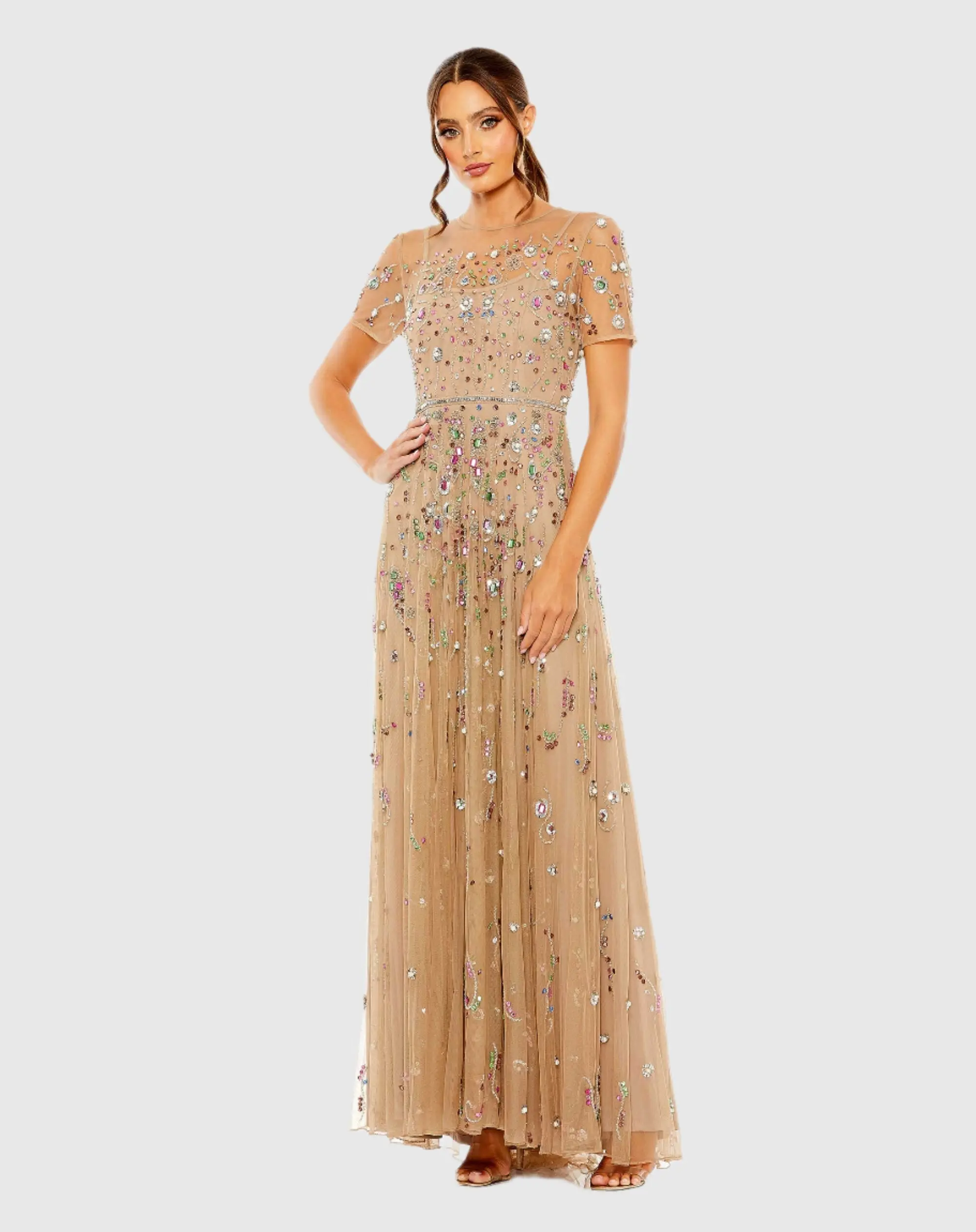 Beige Sleeve High Neck  Embellished Sequin Detail A-Line Gown