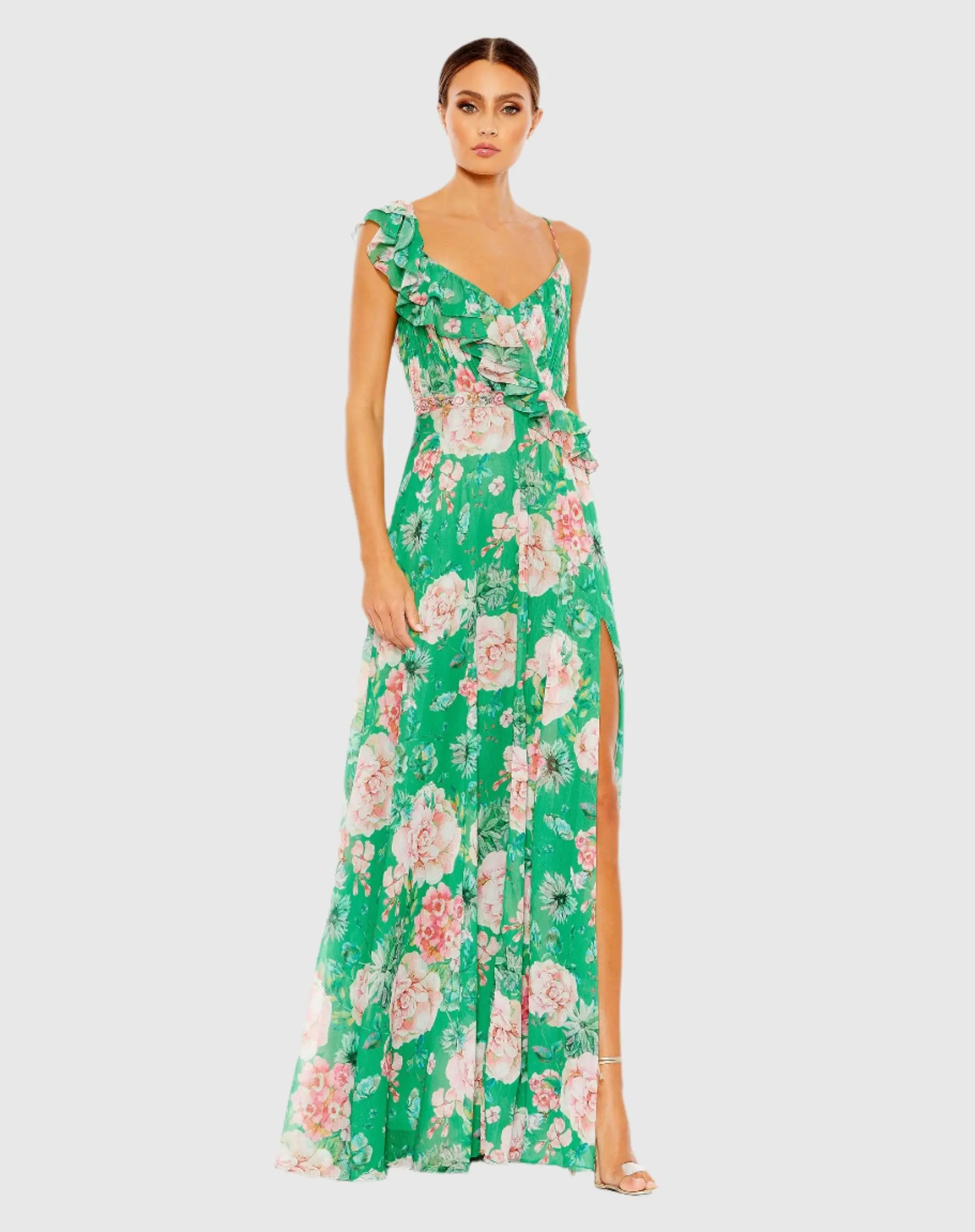 Green Floral Print Ruffled Wrap Over A Line Gown