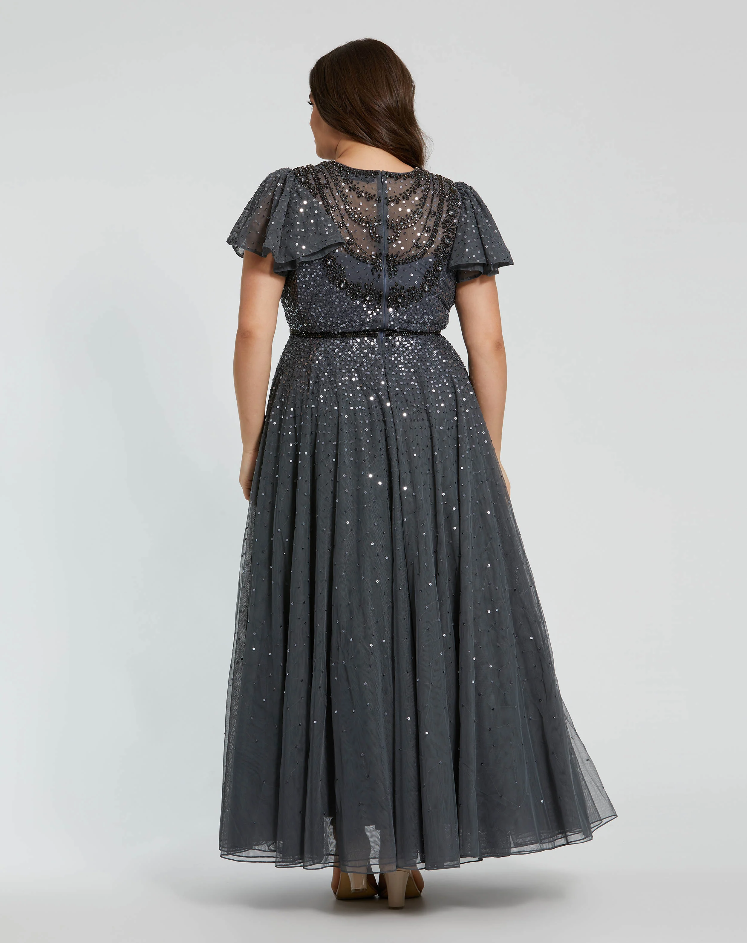Gray Sheer Flutter Sleeve Beaded Fluffy Net Gown