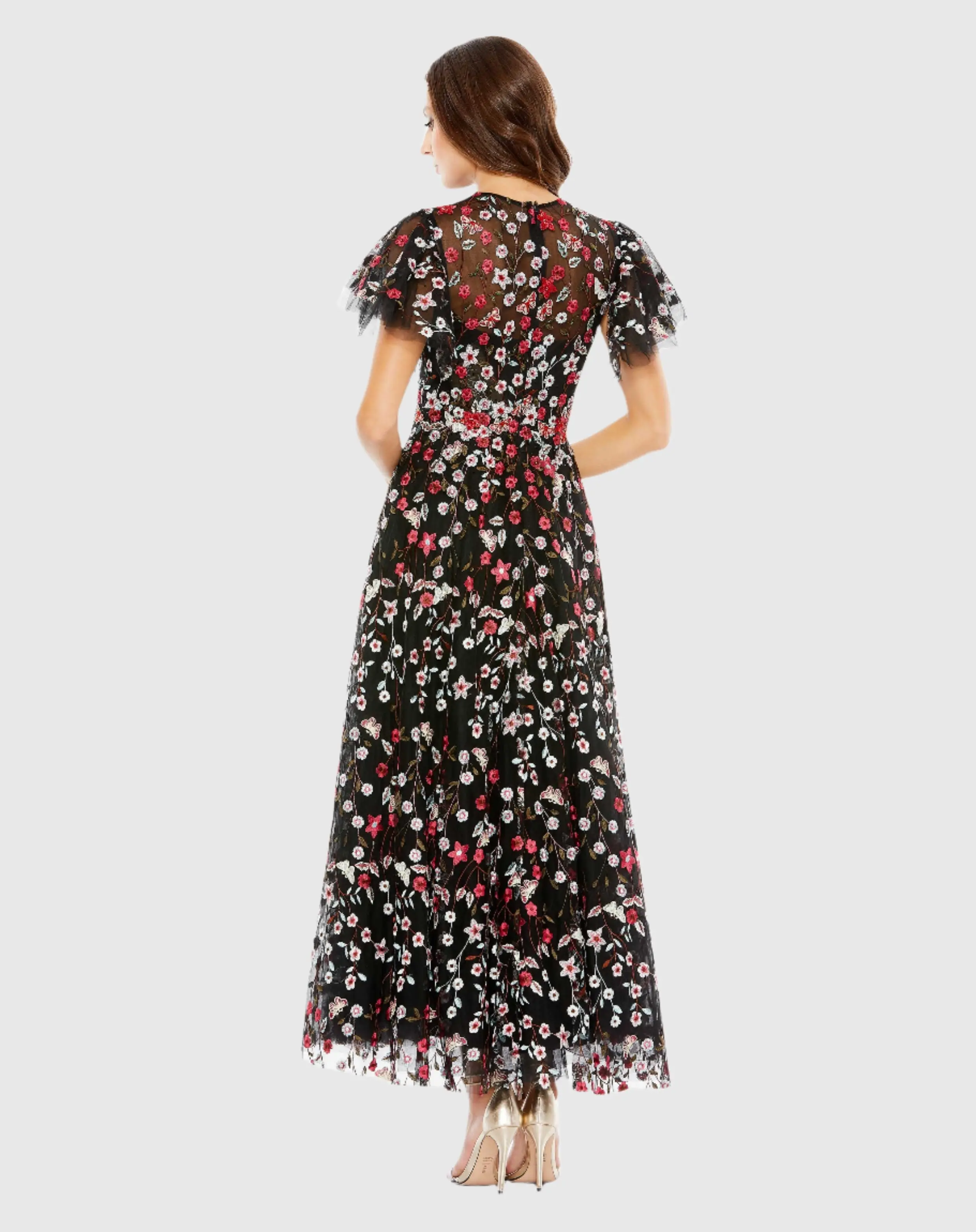 Black Embellished Butterfly Tea Length A Line Dress
