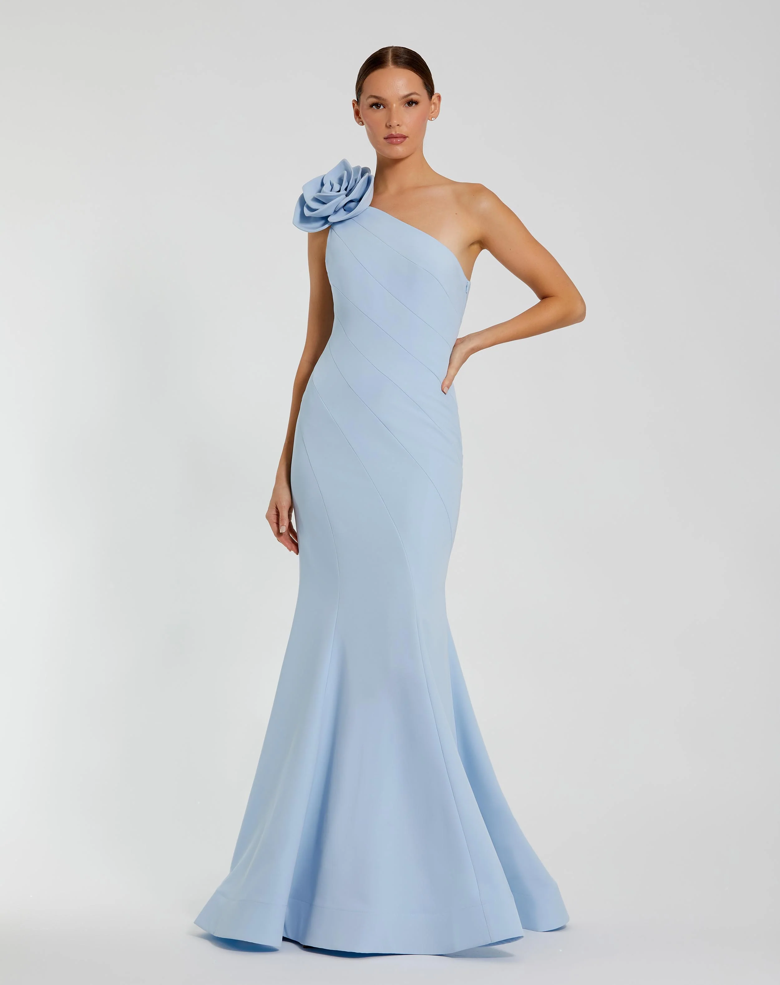 Blue Crepe One Shoulder Mermaid Gown With 3D Flower