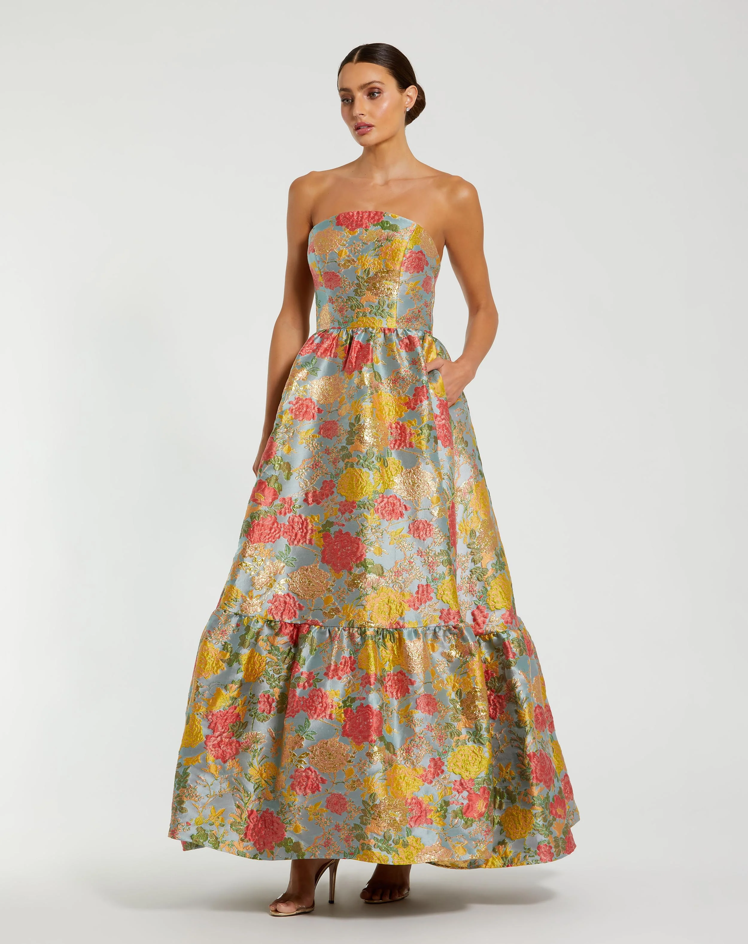 Multicolor Strapless Floral Brocade Dress with Ruffles