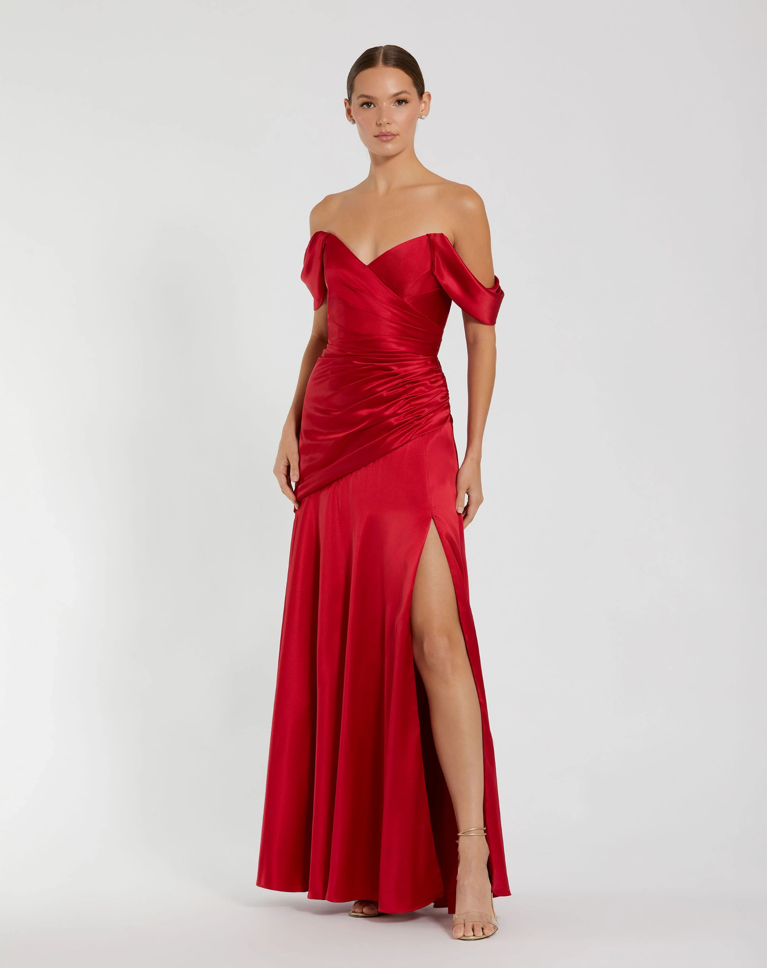Red Satin Off The Shoulder Crossover Gown