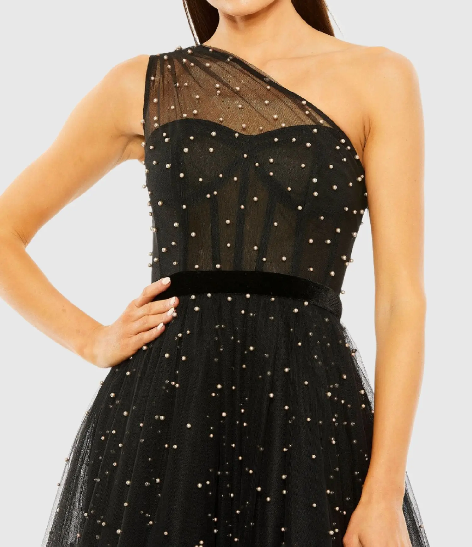 Black One Shoulder Pearl Beaded Midi Ballgown