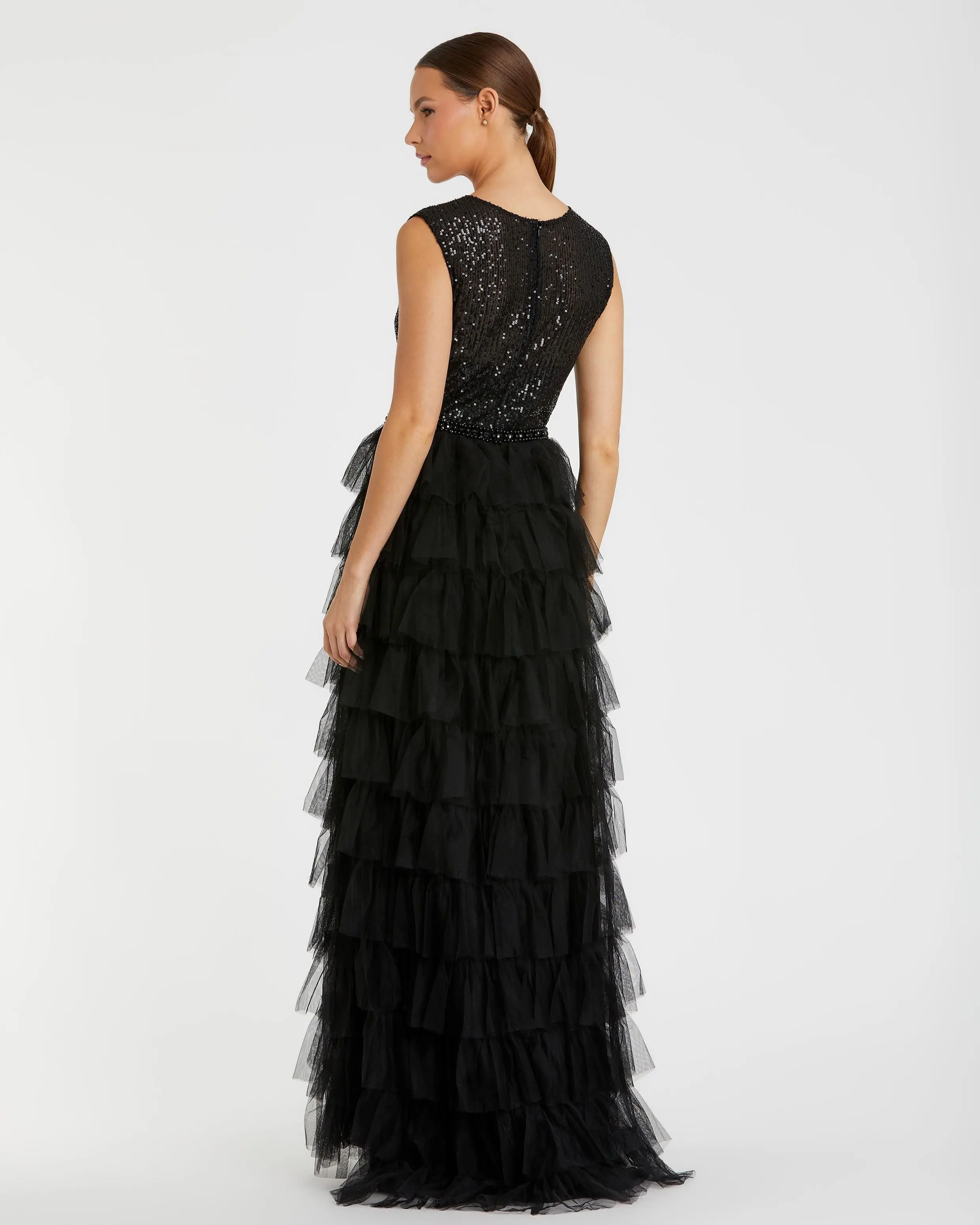 Black Ruffle Tiered High Neck Sequined Gown