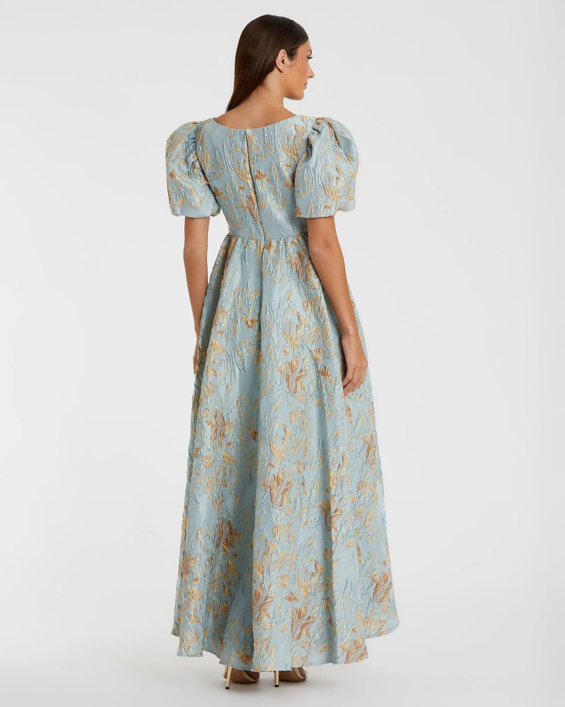 Blue Brocade Puff Sleeve High Low Gown