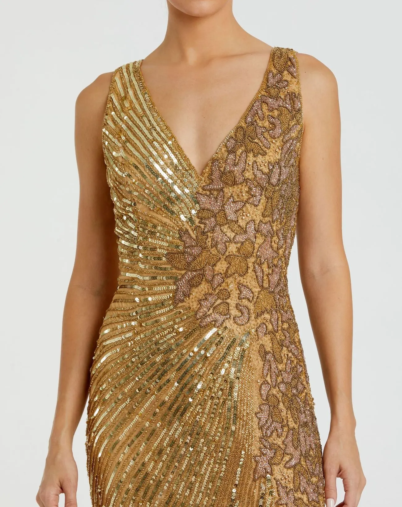 Gold Beaded Floral Sleeveless Gown