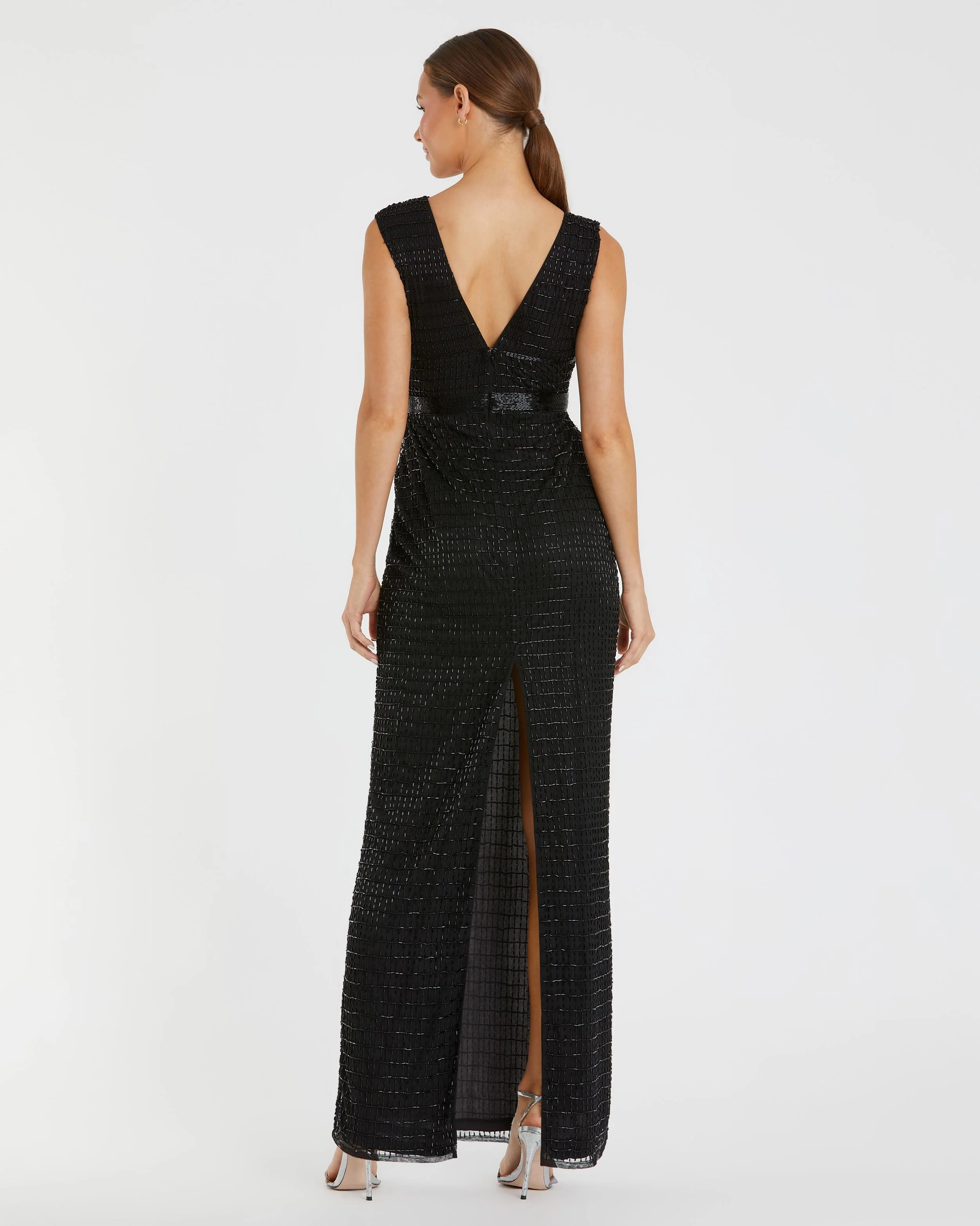 Black Beaded Cap Sleeve V Neck Column Gown