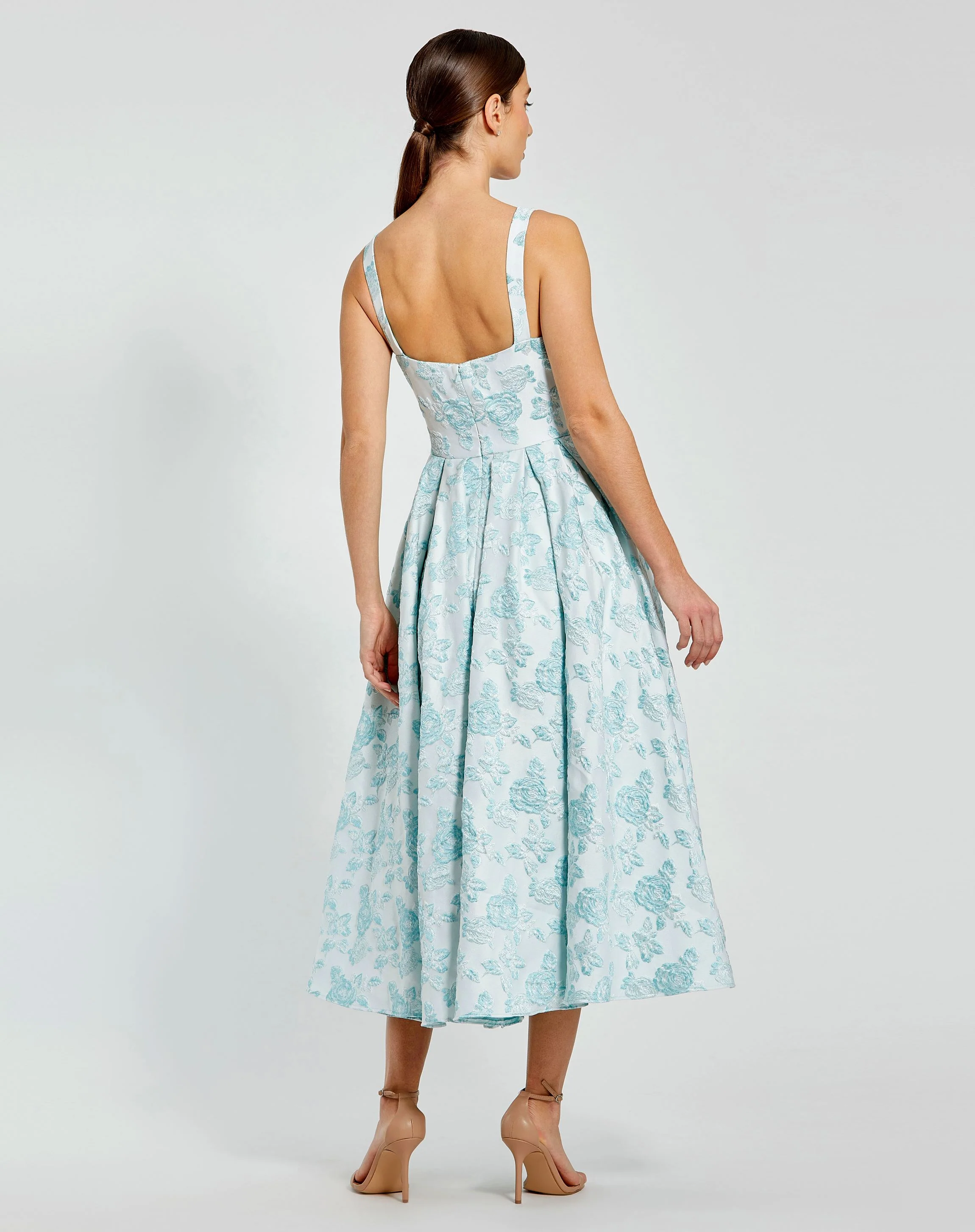 Blue Sleeveless Large Bow Detail Floral Brocade Dress