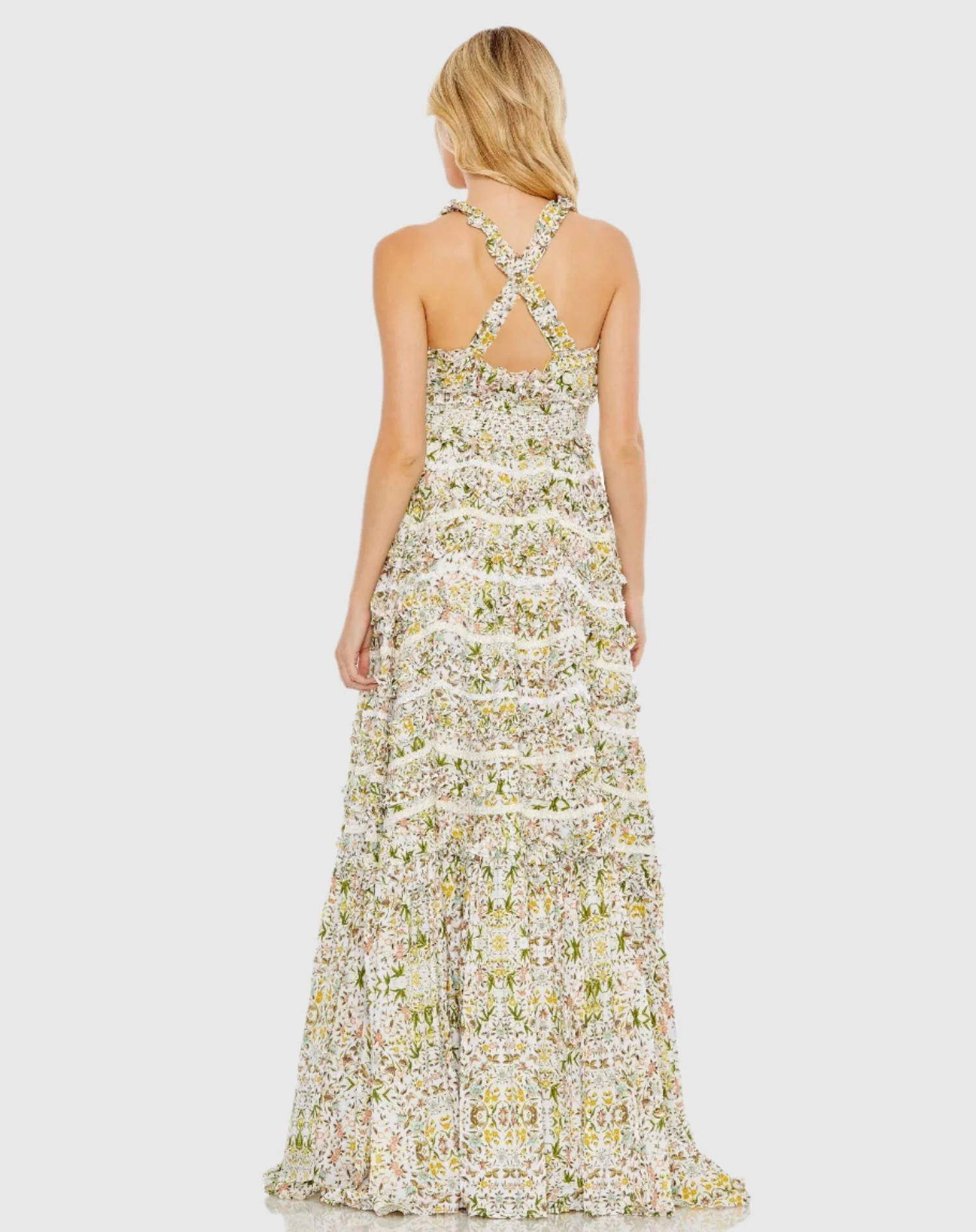 Multicolor Floral Cross Back Ruffle Tiered Smock Gown