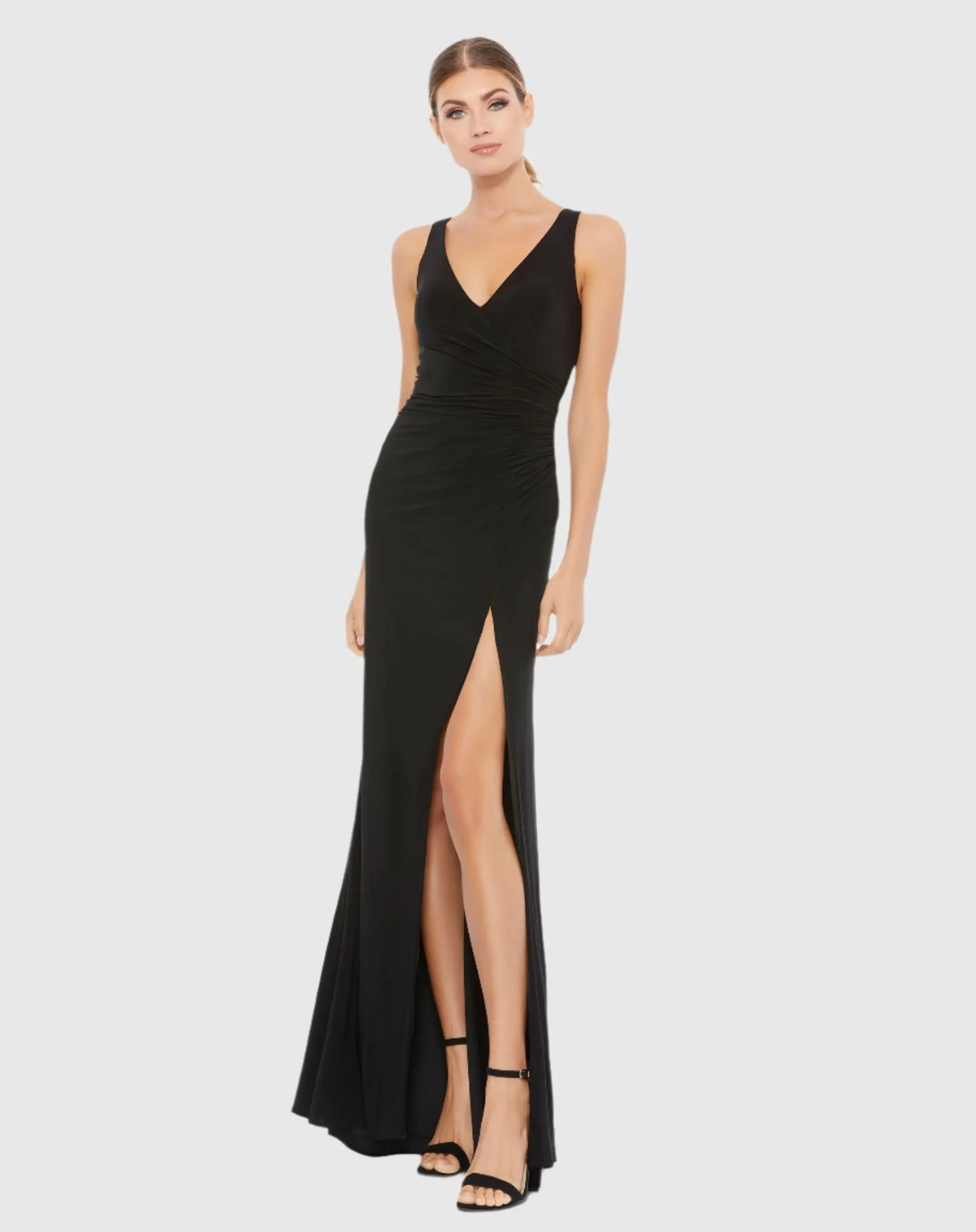 Black Faux Wrap Sleeveless V Neck Gown