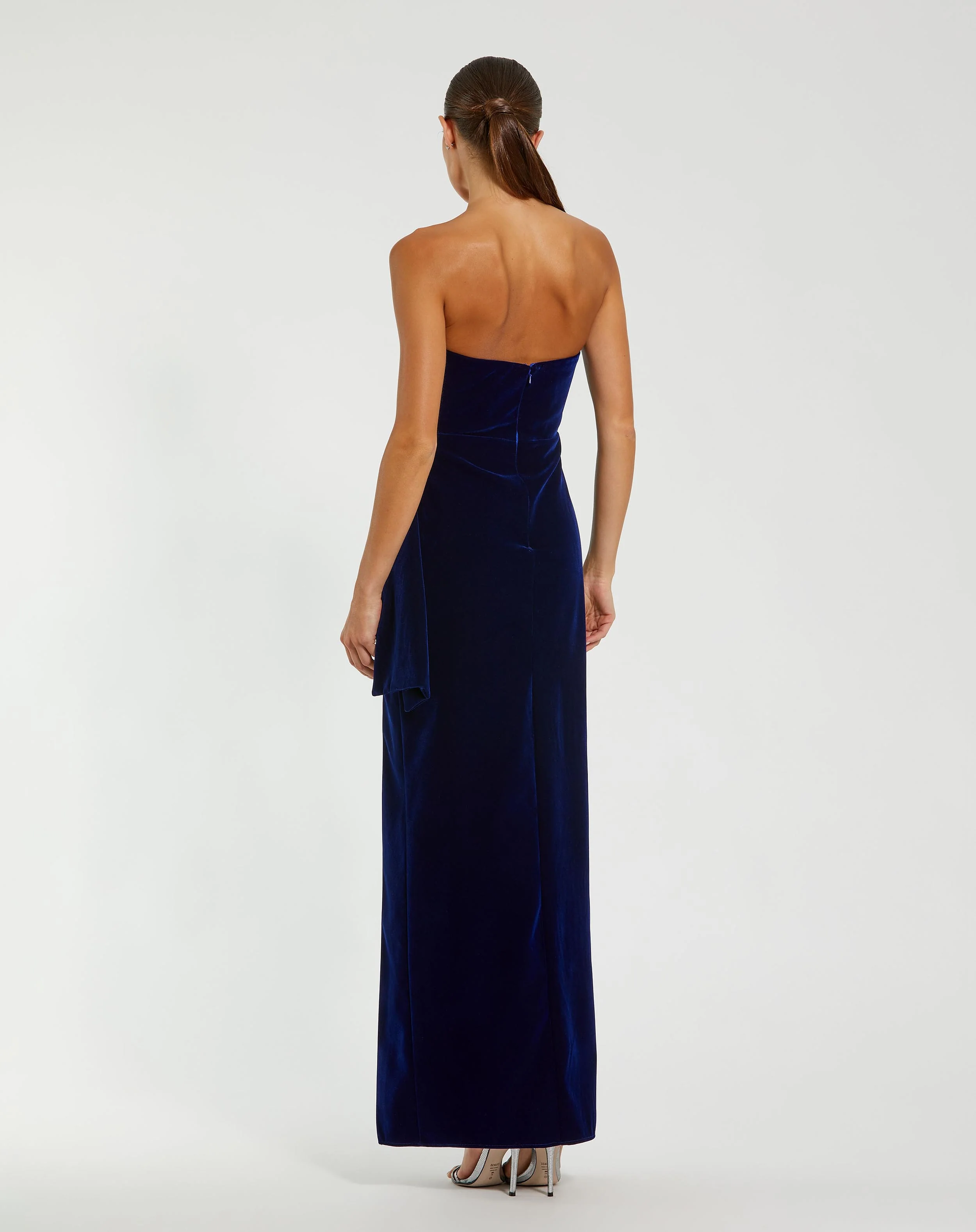 Blue Strapless High Slit Draped Velvet Gown