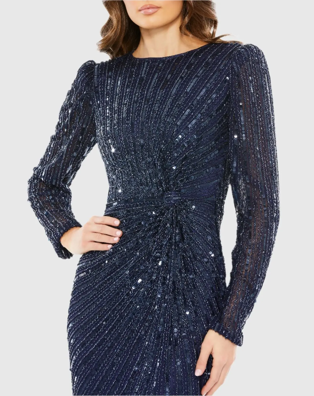 Navy Embellished Puff Sleeve Side Knot Gown