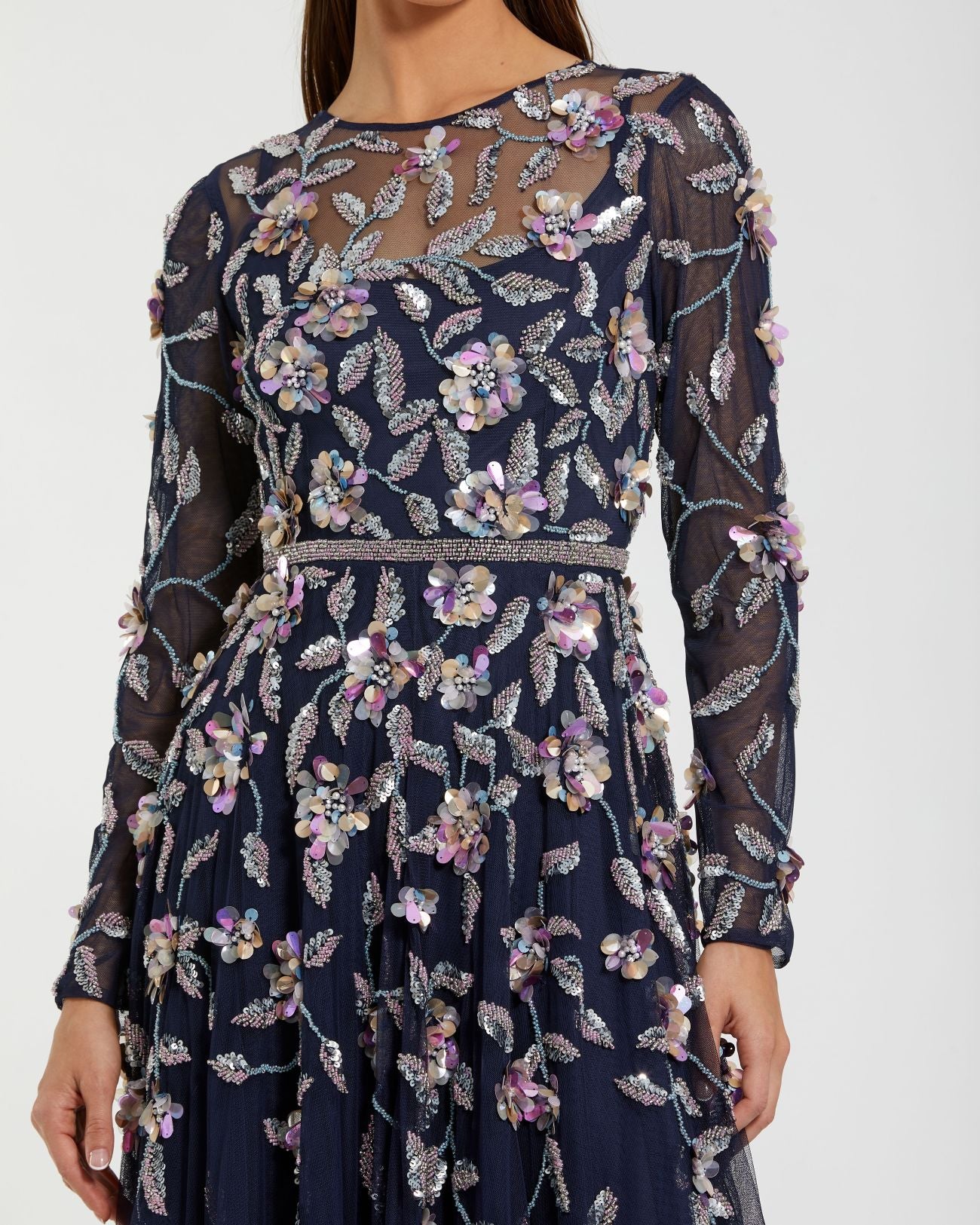 Navy Long Sleeve Floral Embellished Gown