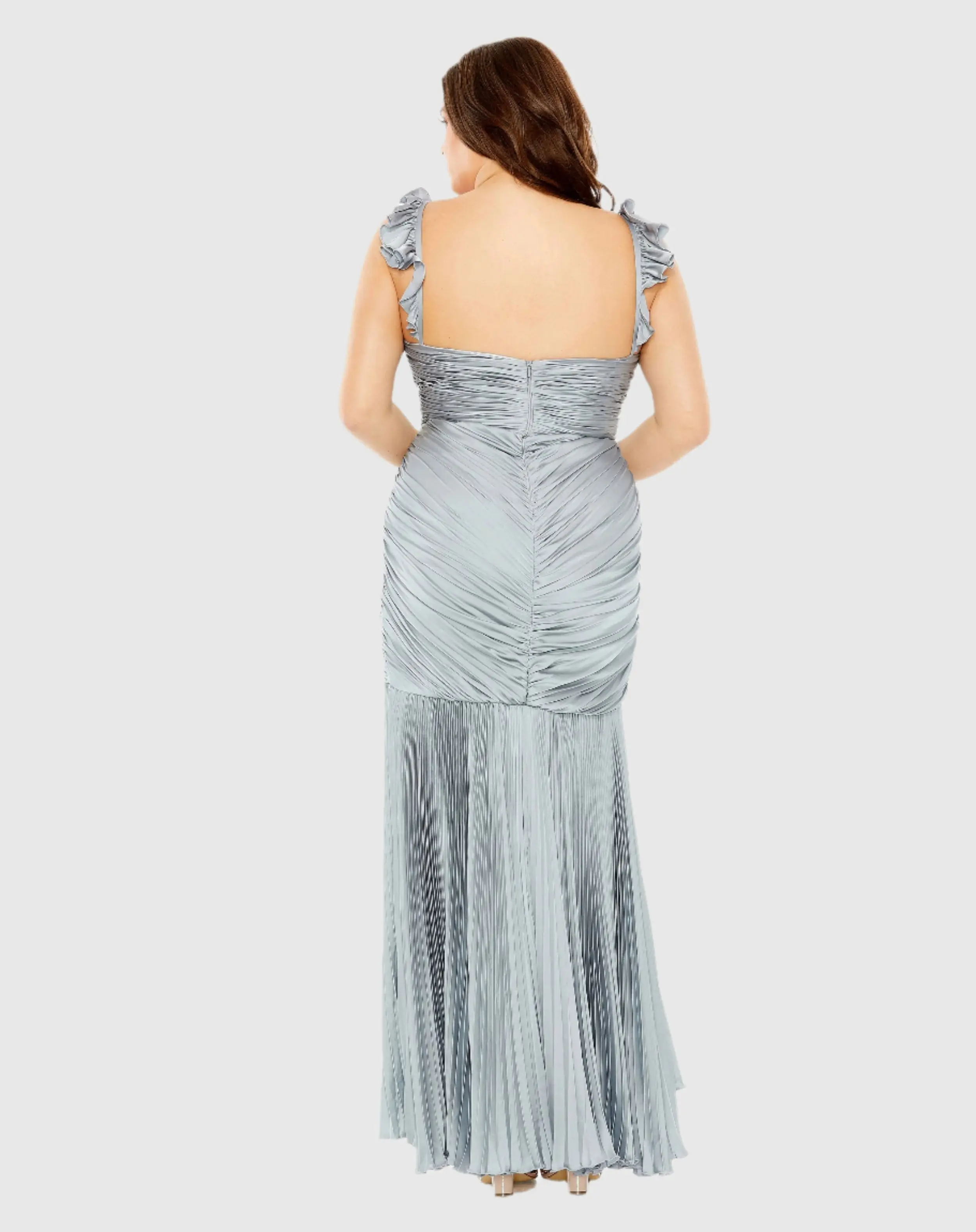 Gray Ruched Ruffle Sleeve High Low Gown