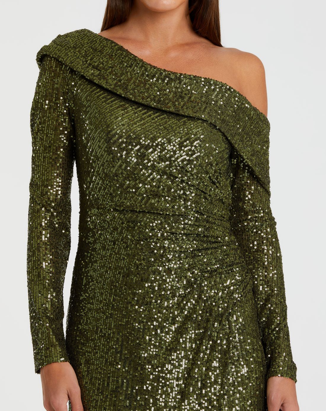 Green One Shoulder Sequin Long Sleeve Midi Dress