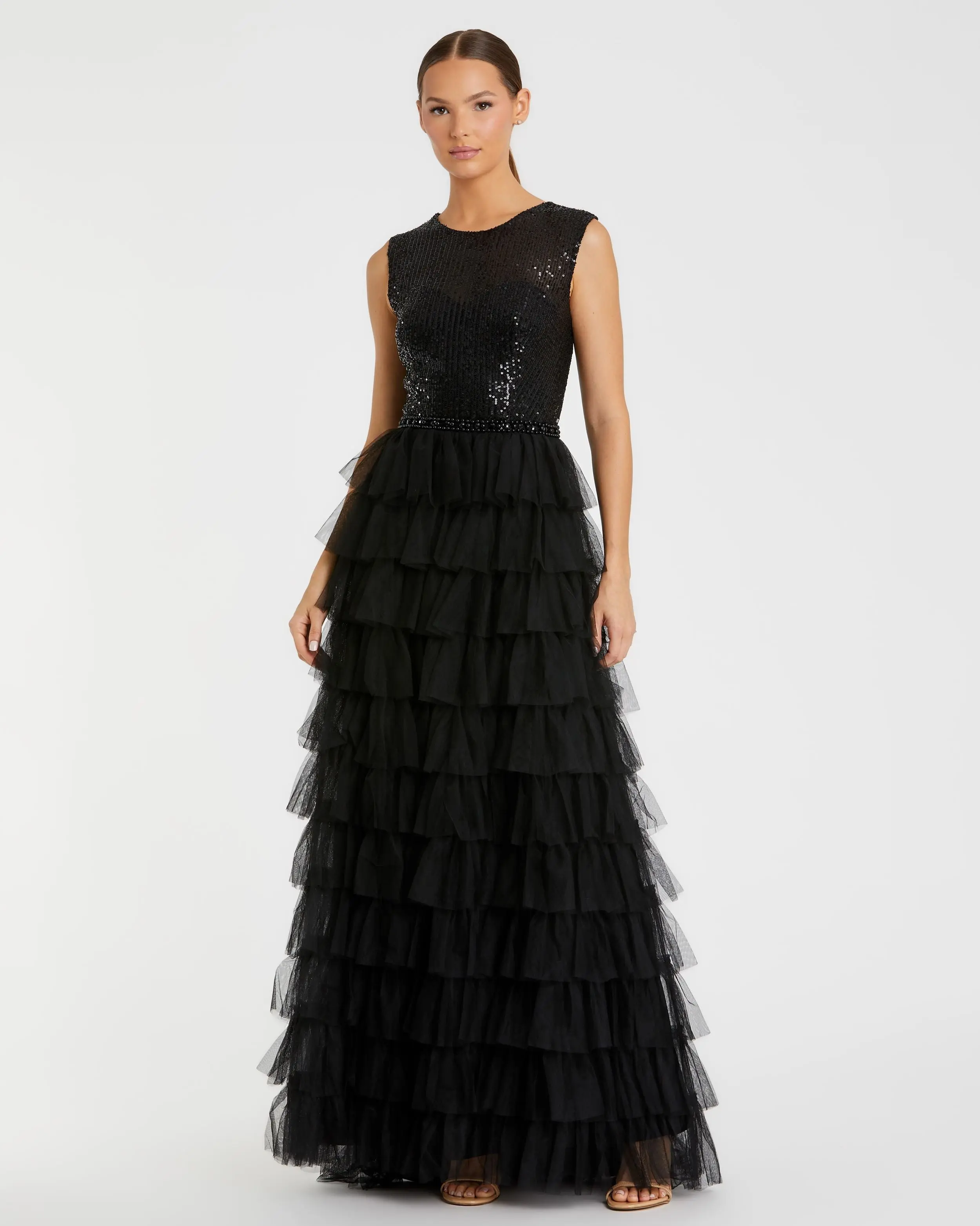 Black Ruffle Tiered High Neck Sequined Gown