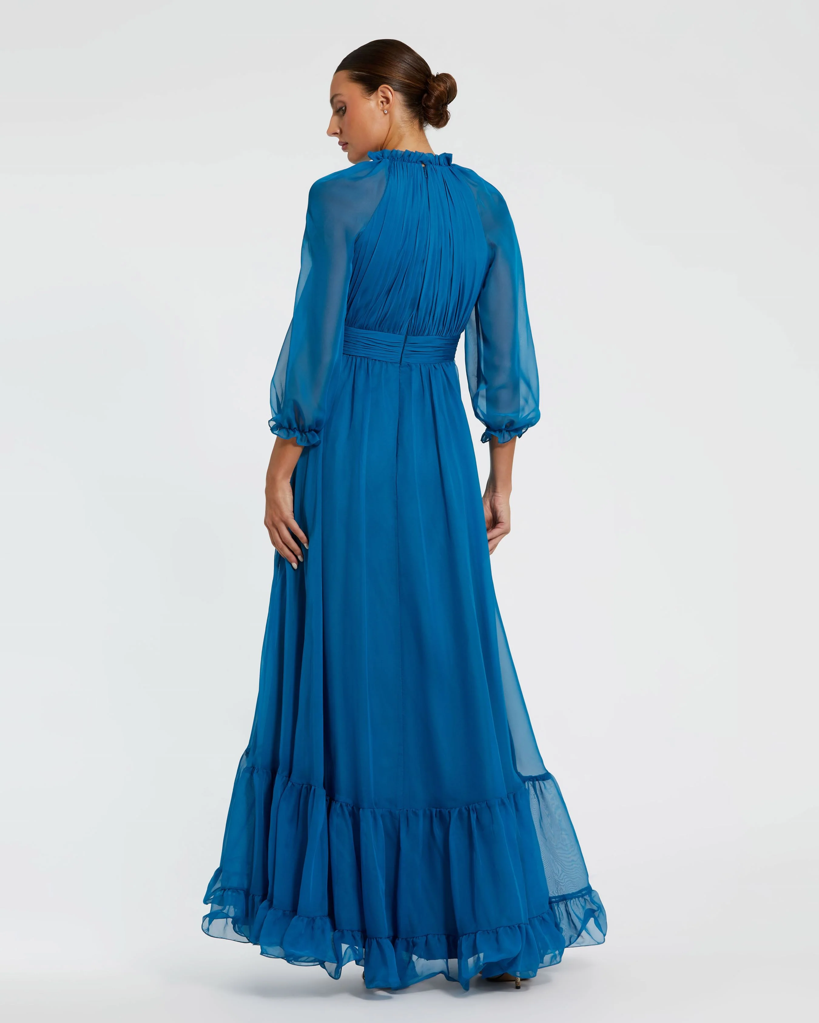 Blue Chiffon Ruched Illusion Raglan Sleeve Ruffled Gown