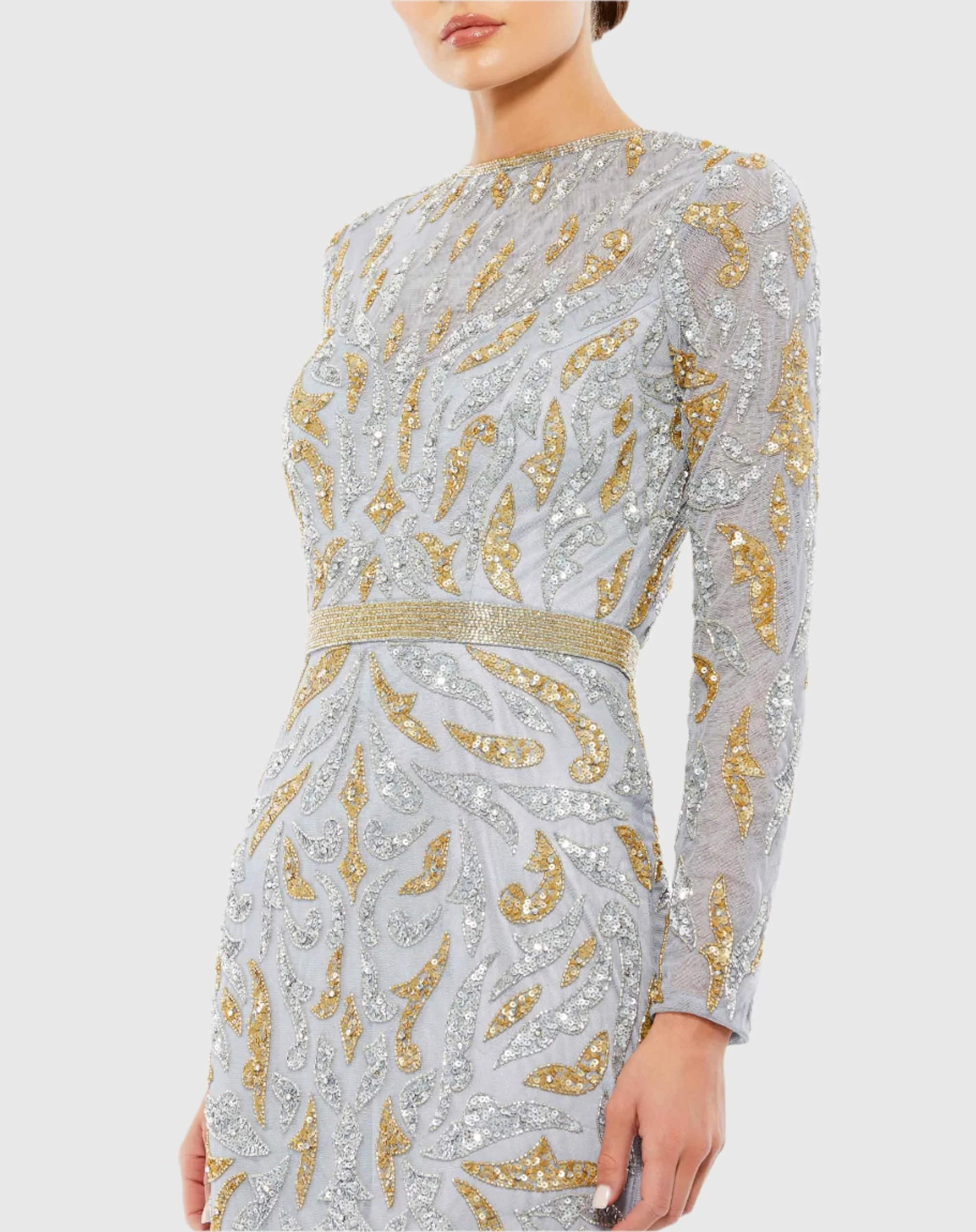 Gray Beaded Long Sleeve Evening Gown