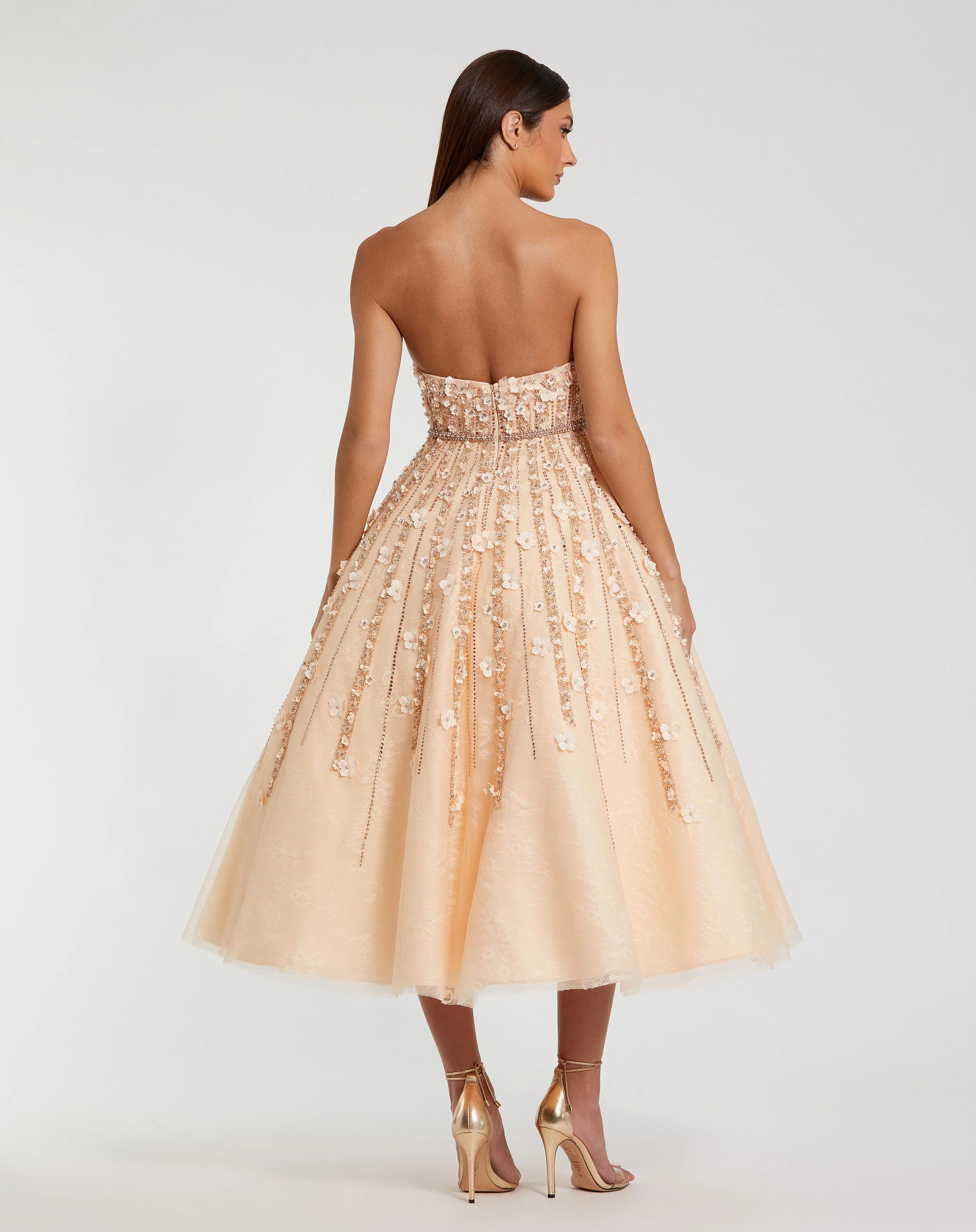 Beige Embellished Lace Strapless A Line Midi Dress