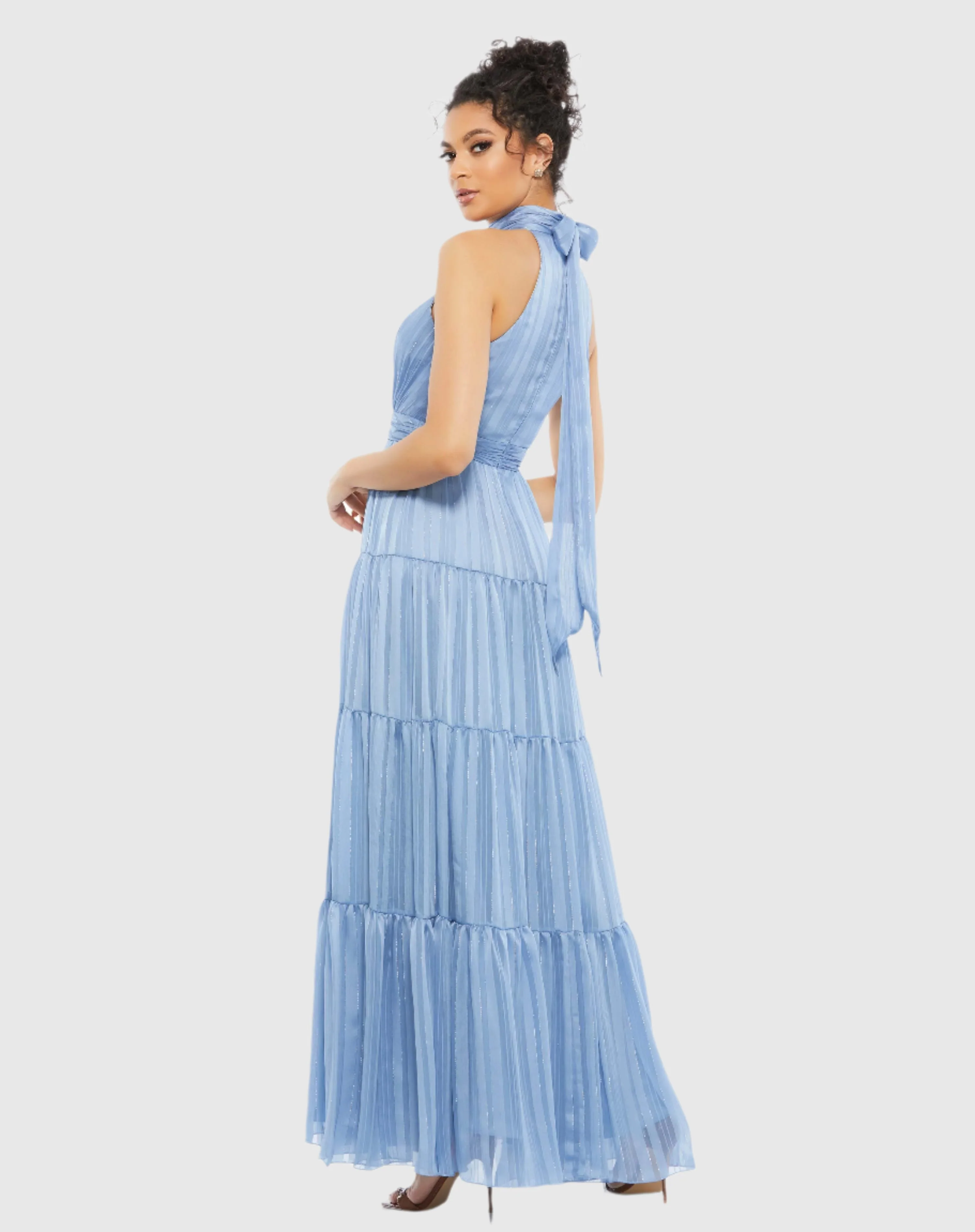 Blue Tie Halter Neck Tiered Gown