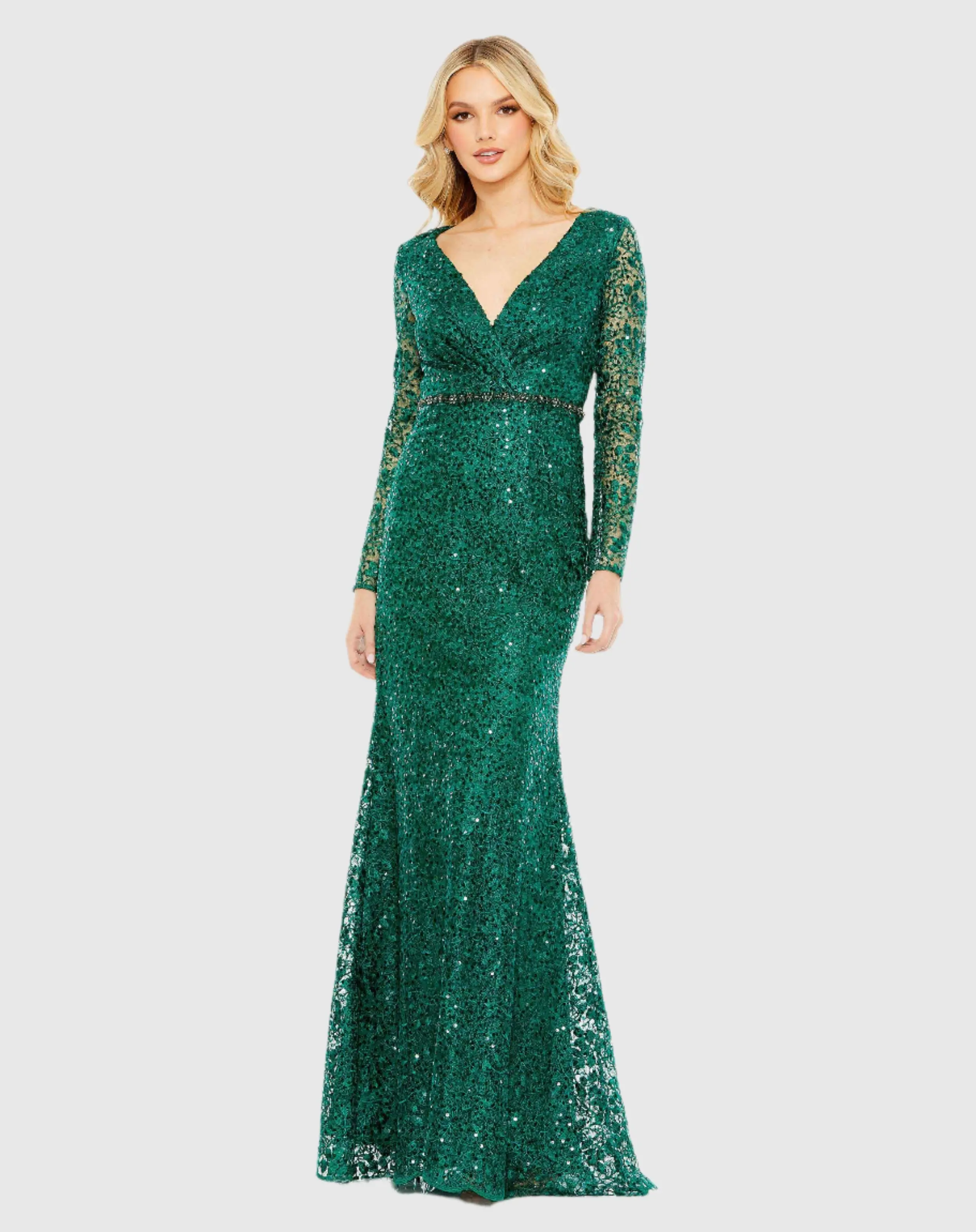 Green Embellished Wrap Over Long Sleeve Gown