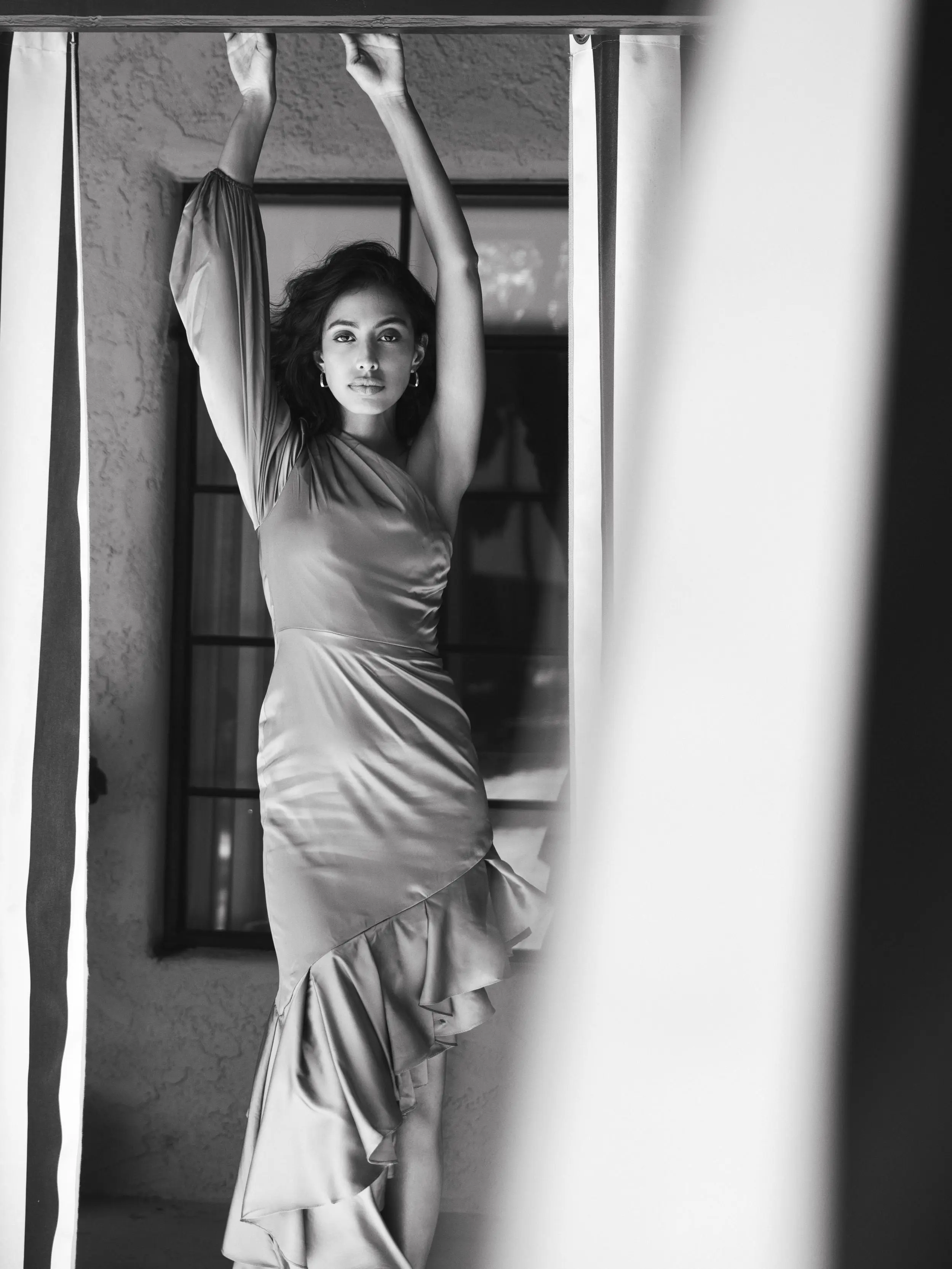 Green Charmeuse One Sleeve Ruffled Asymmetrical Gown