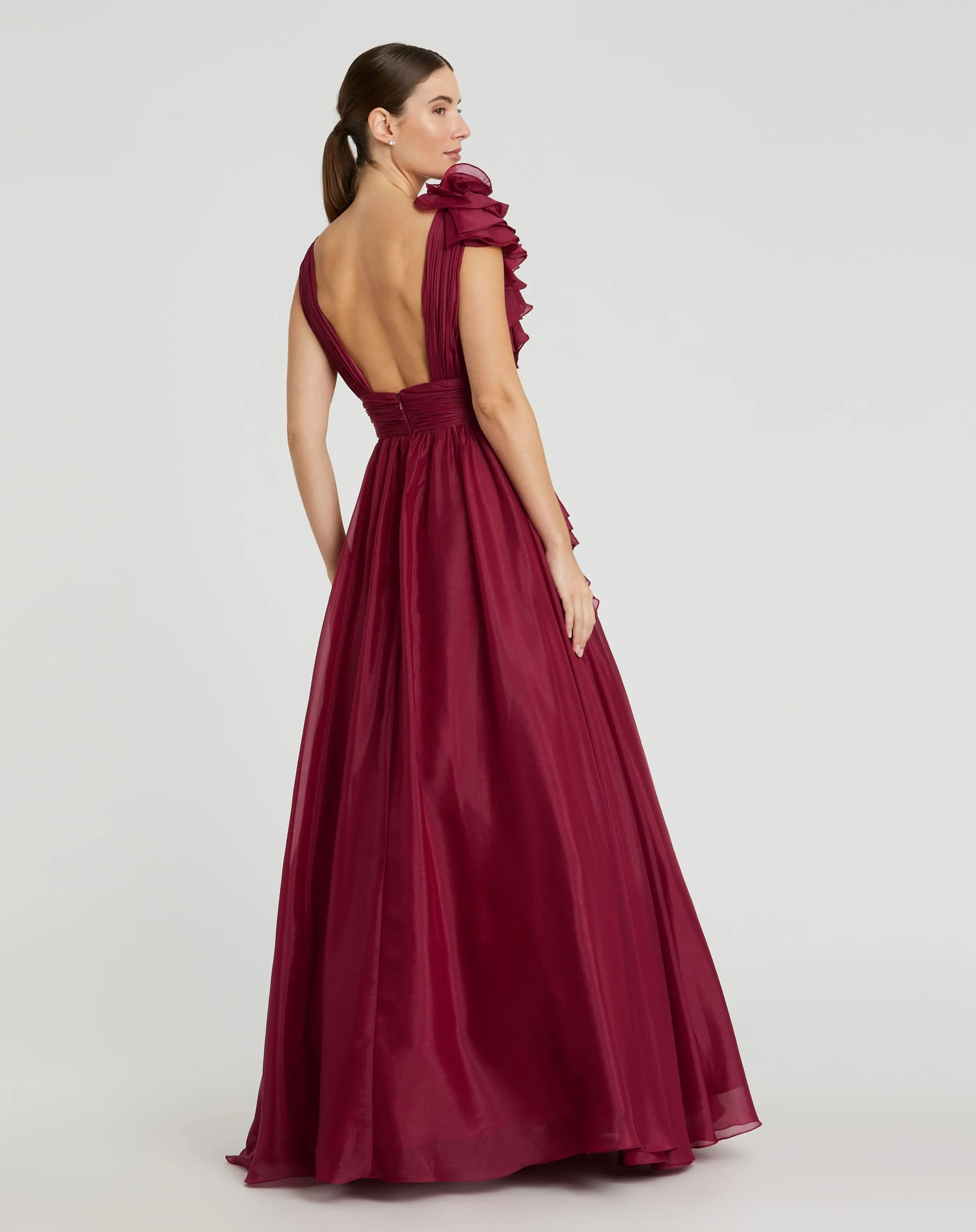 Dark Red Ruffle Shoulder V-Neck Chiffon Gown