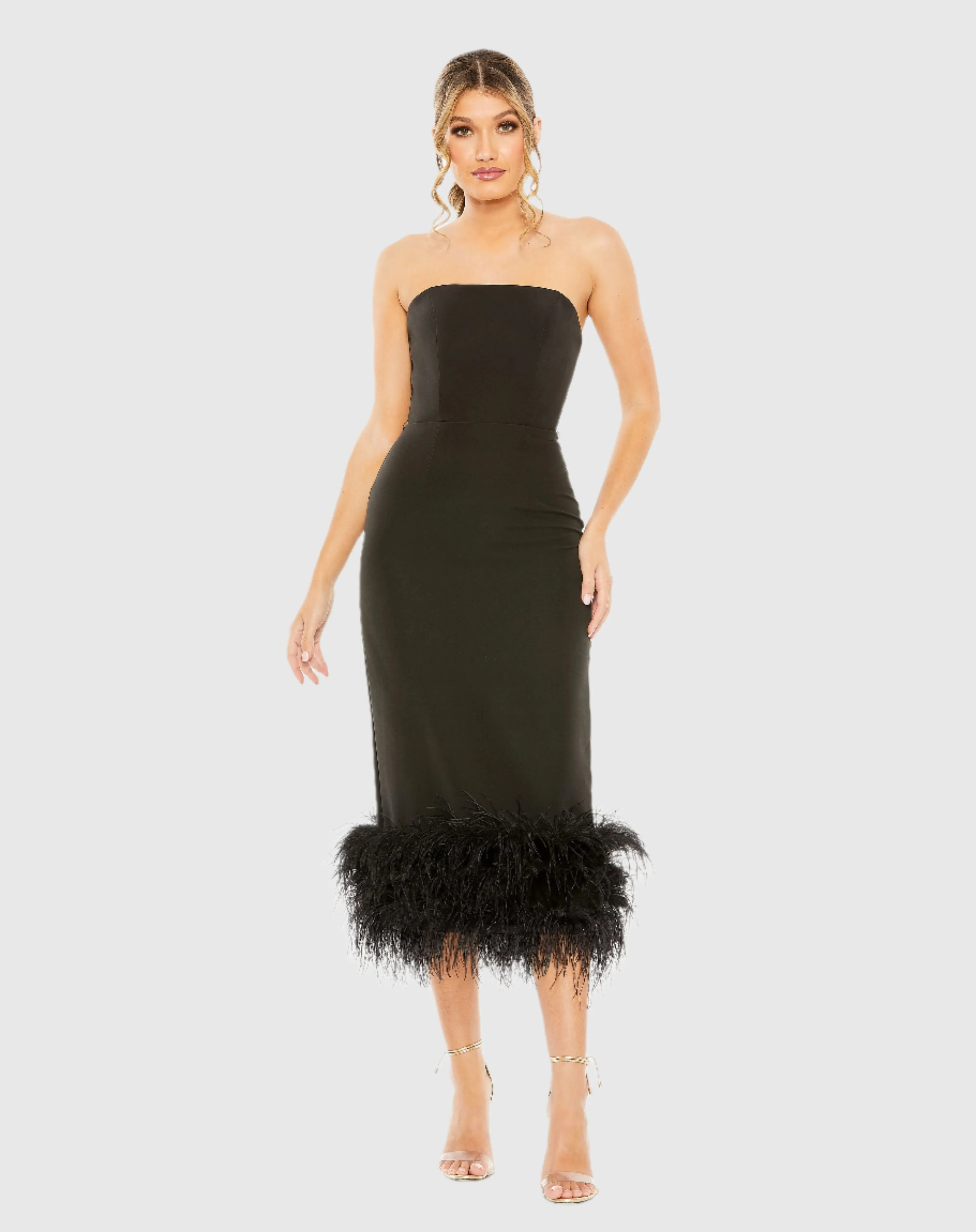 Black Strapless Dress with Feather Trim
