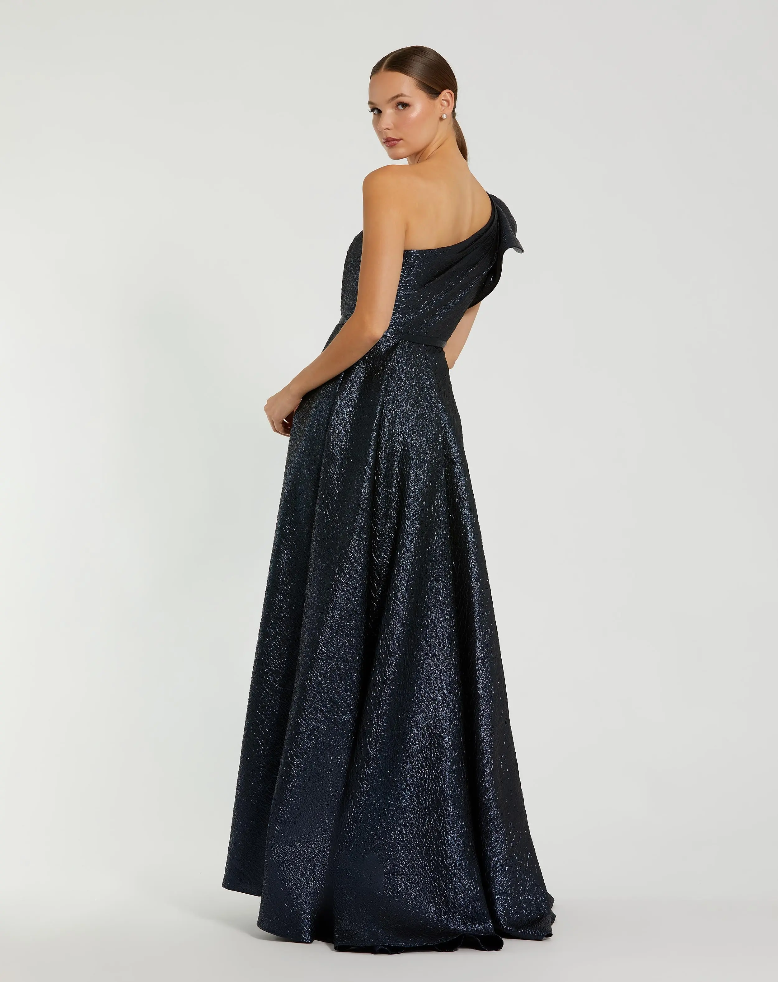 Navy One Shoulder Metallic Ballgown