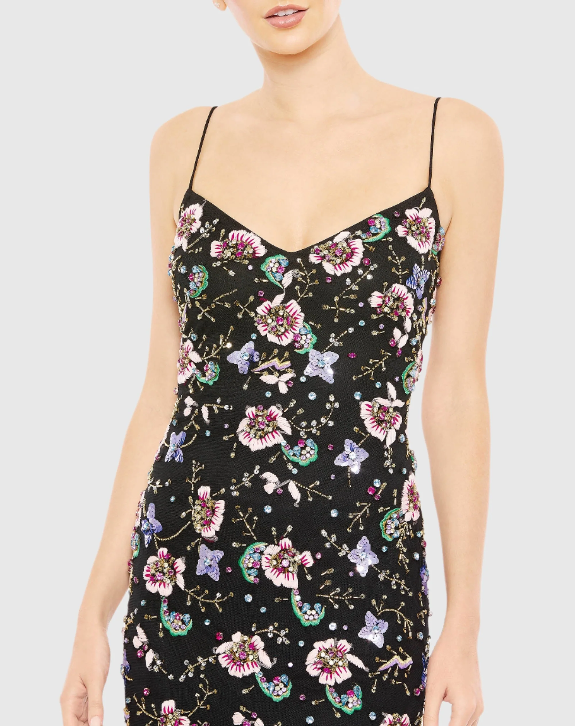 Black Embellished Spaghetti Strap Lace Up Gown