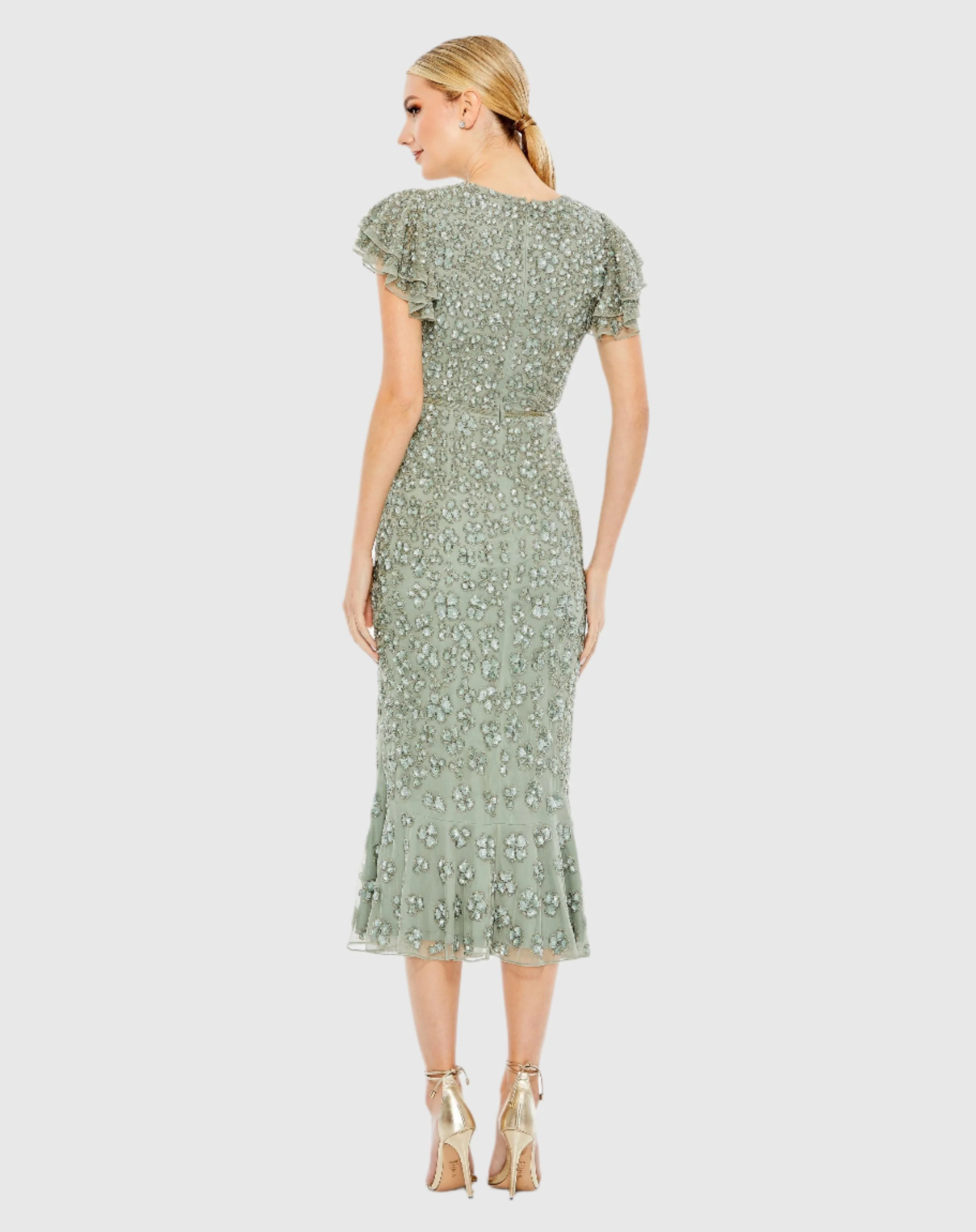 Green Hand Beaded Flounce Sleeve Midi Dress
