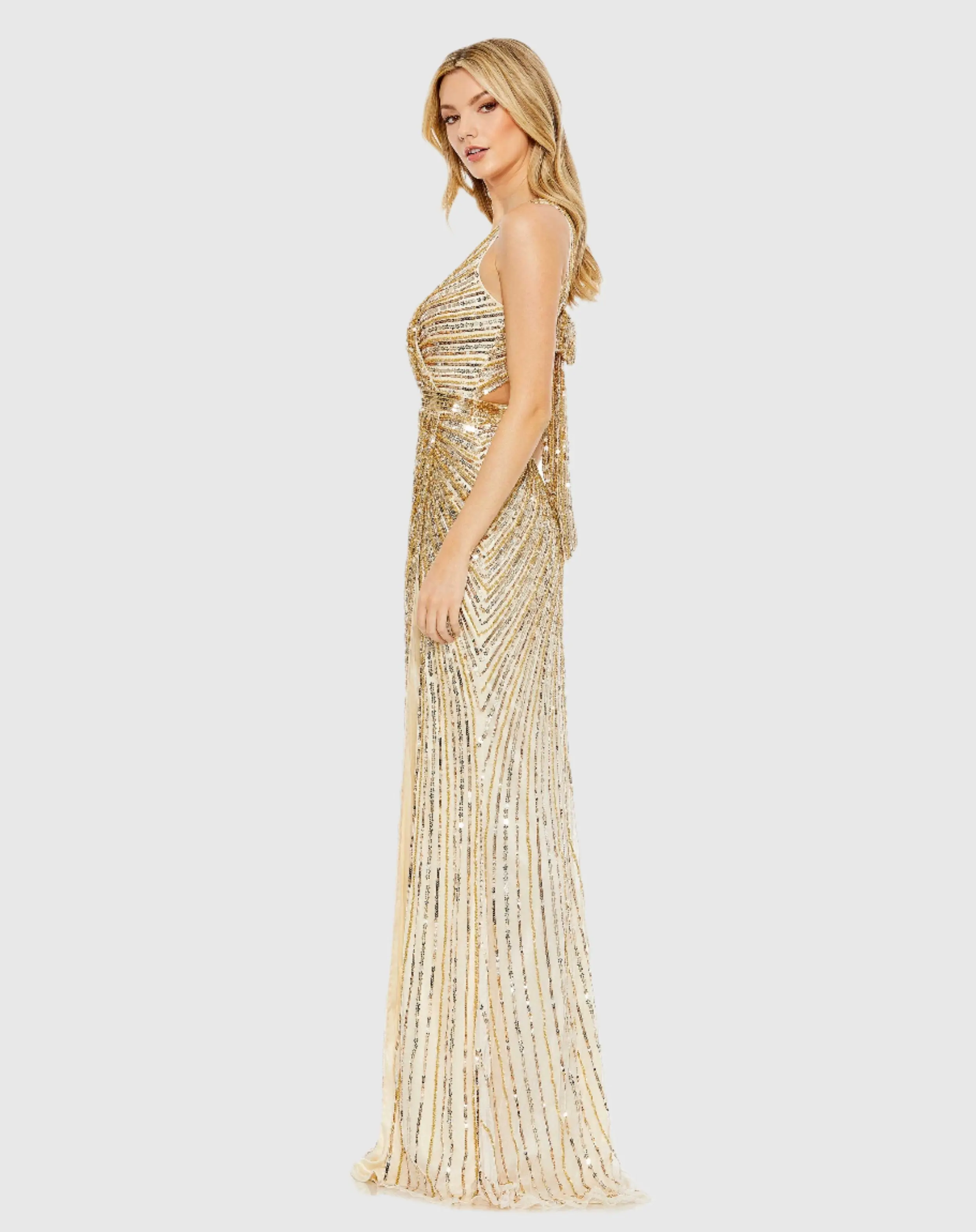 Gold Sequined Faux Wrap Sleeveless Gown