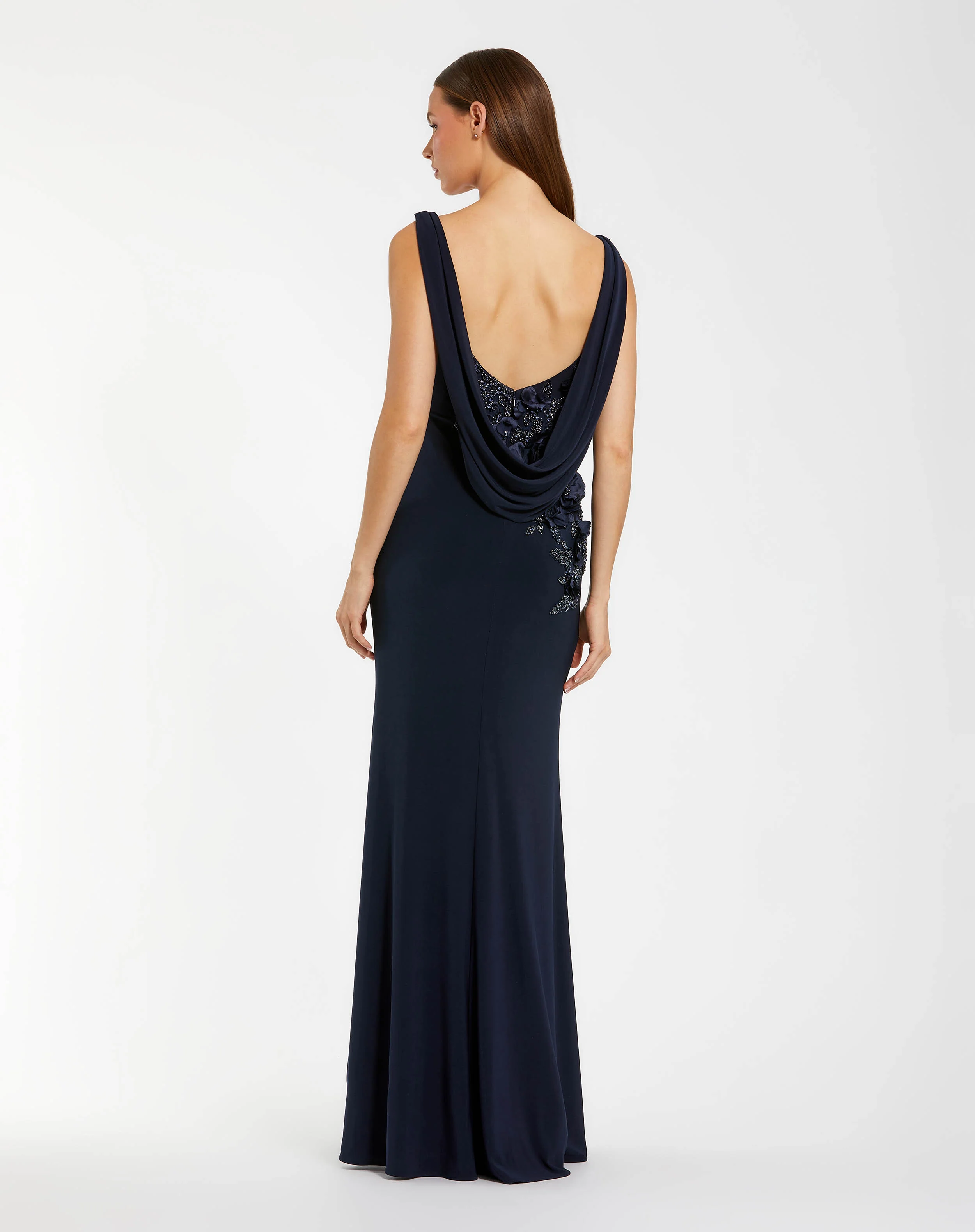 Navy Sleeveless Jersey Cowl Neck Gown With Beading