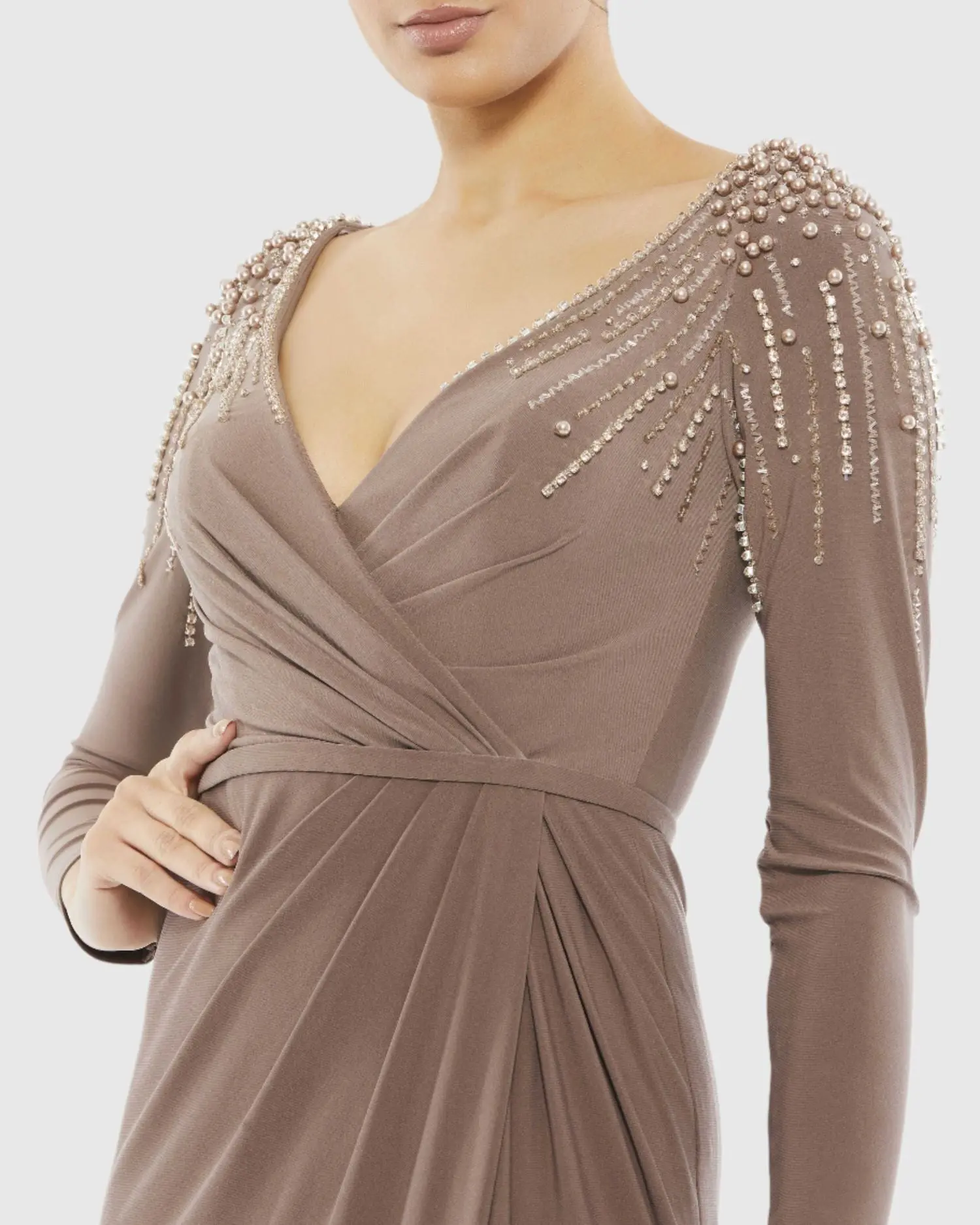 Brown Faux Wrap Jersey Gown w/ Embellished Accents