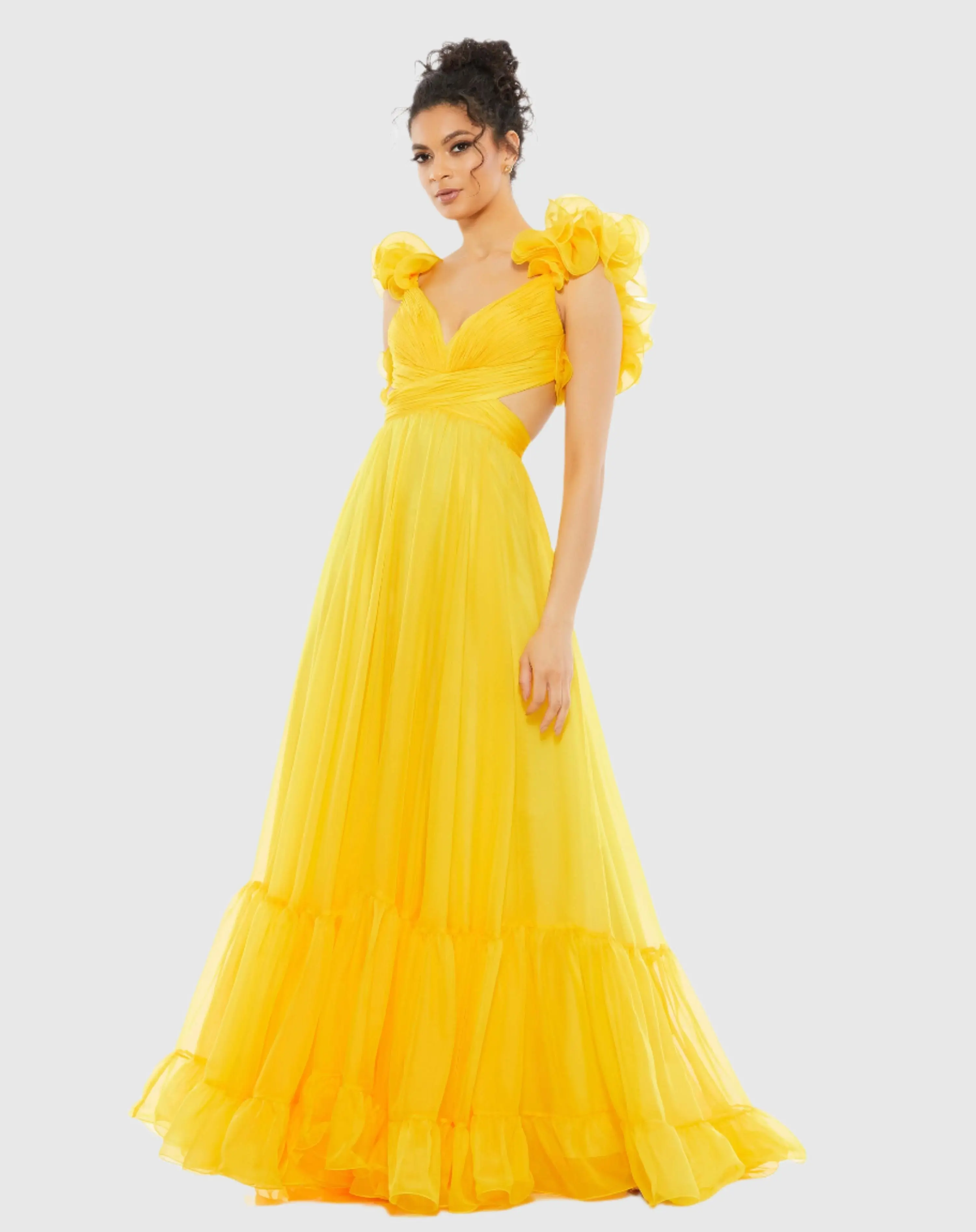 Ruffle Tiered Cut-Out Chiffon Gown