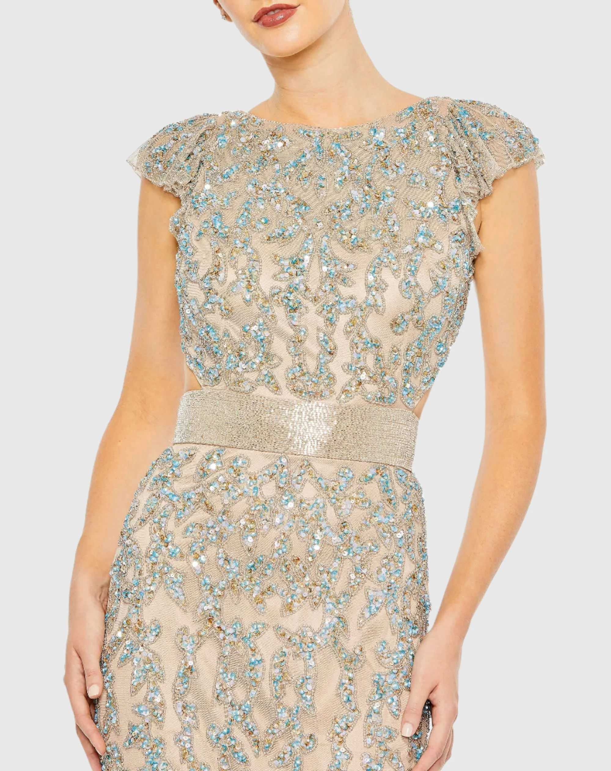 Beige Damask Sequin Embellished Open Back Lace Up Cap Sleeve Gown