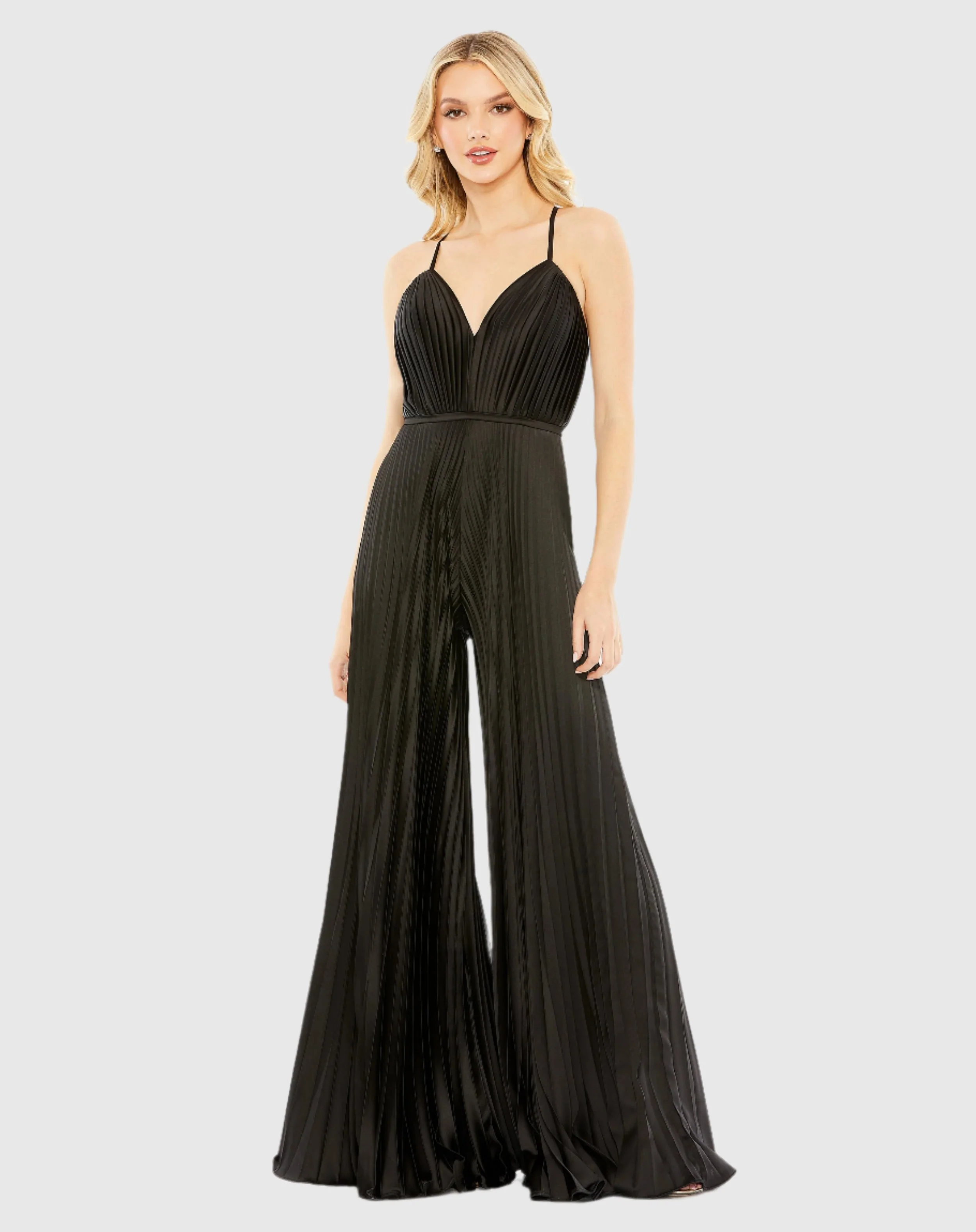 Black Pleated Plunge Neck Wide Leg Jumpsuit