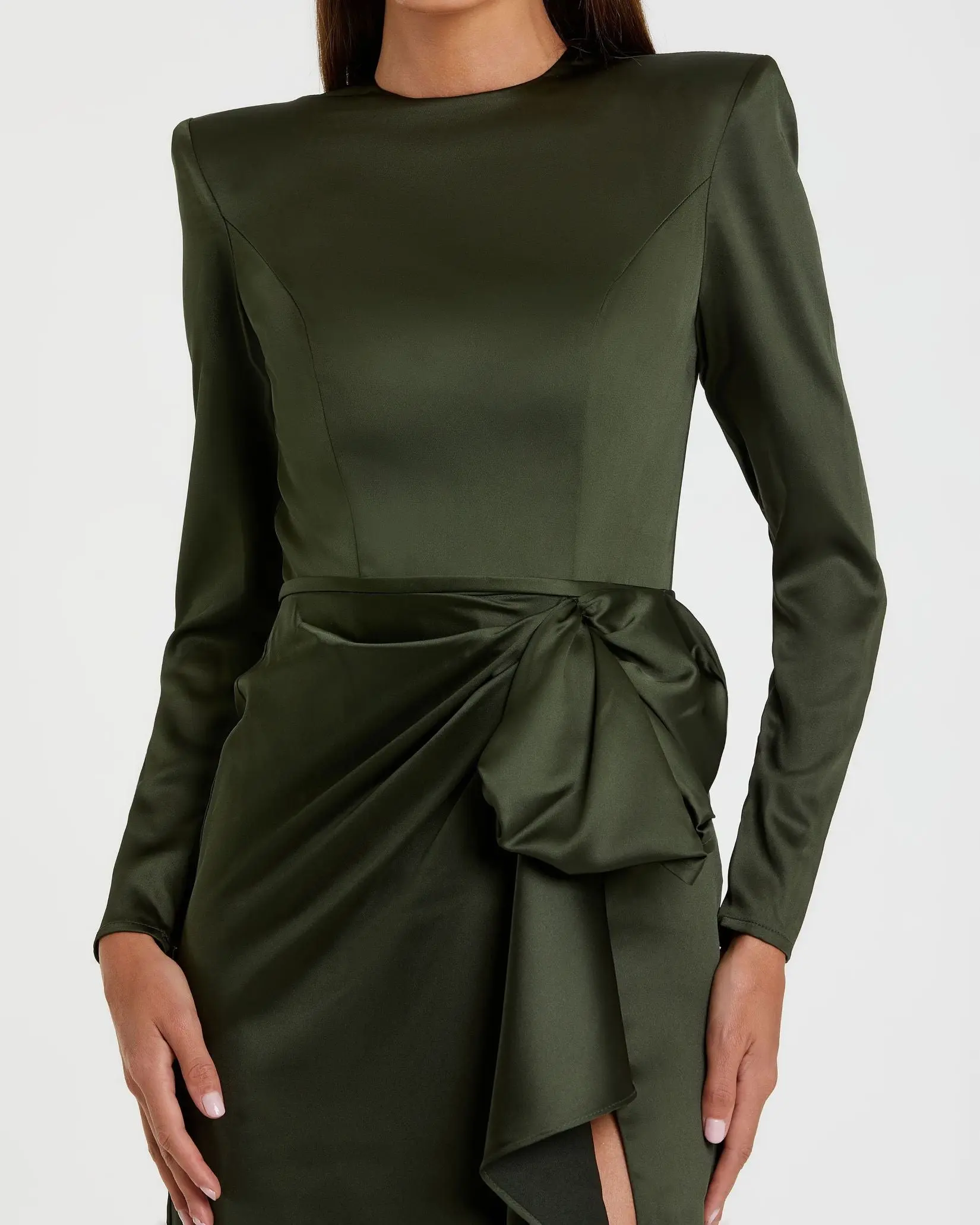 Green Long Sleeve Satin Structured Bow Draped Column Gown