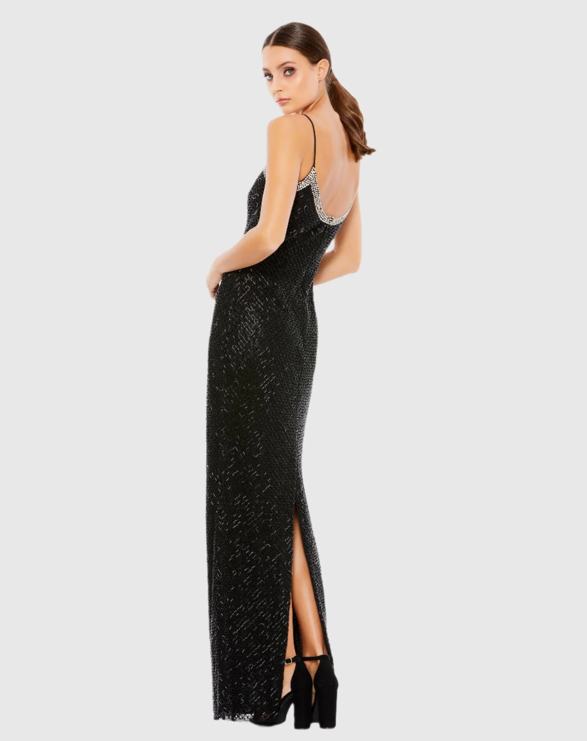 Black Beaded Spaghetti Strap Column Gown